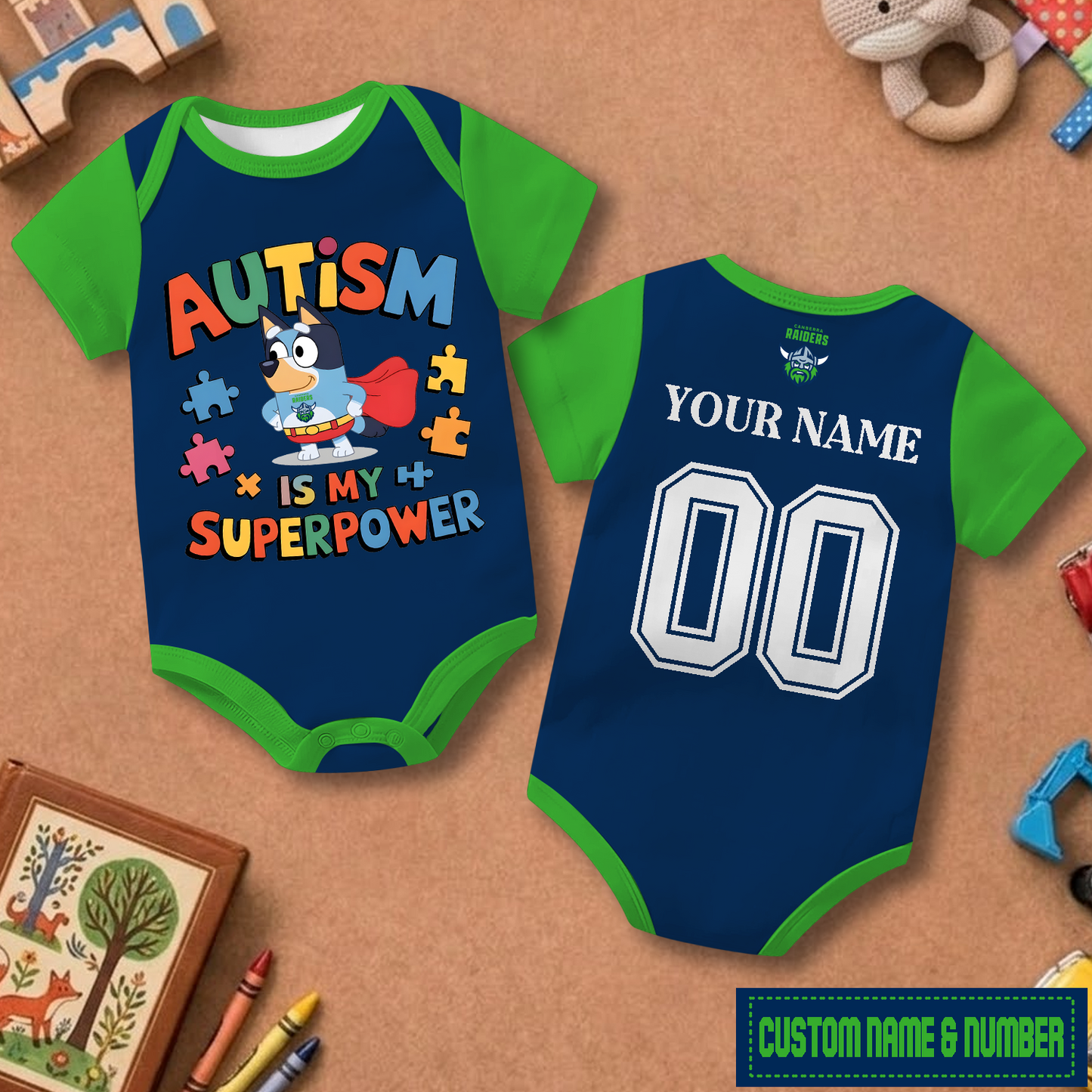 CBR x NRL Custom Name & Number Baby Romper DATND TANTD