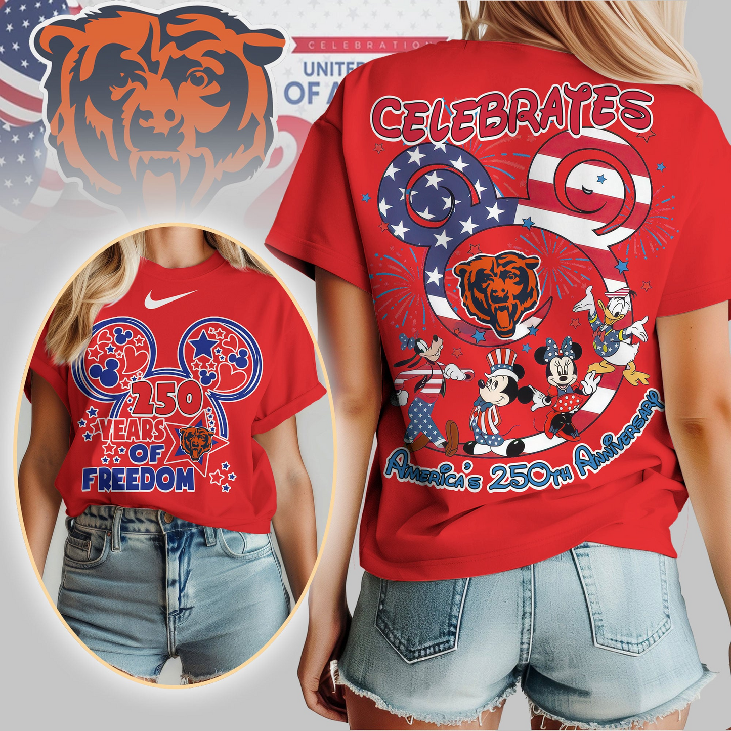 CHI Premium NFL Mickey Celebrates America 250th Anniversary Women Shirt DDT NTL