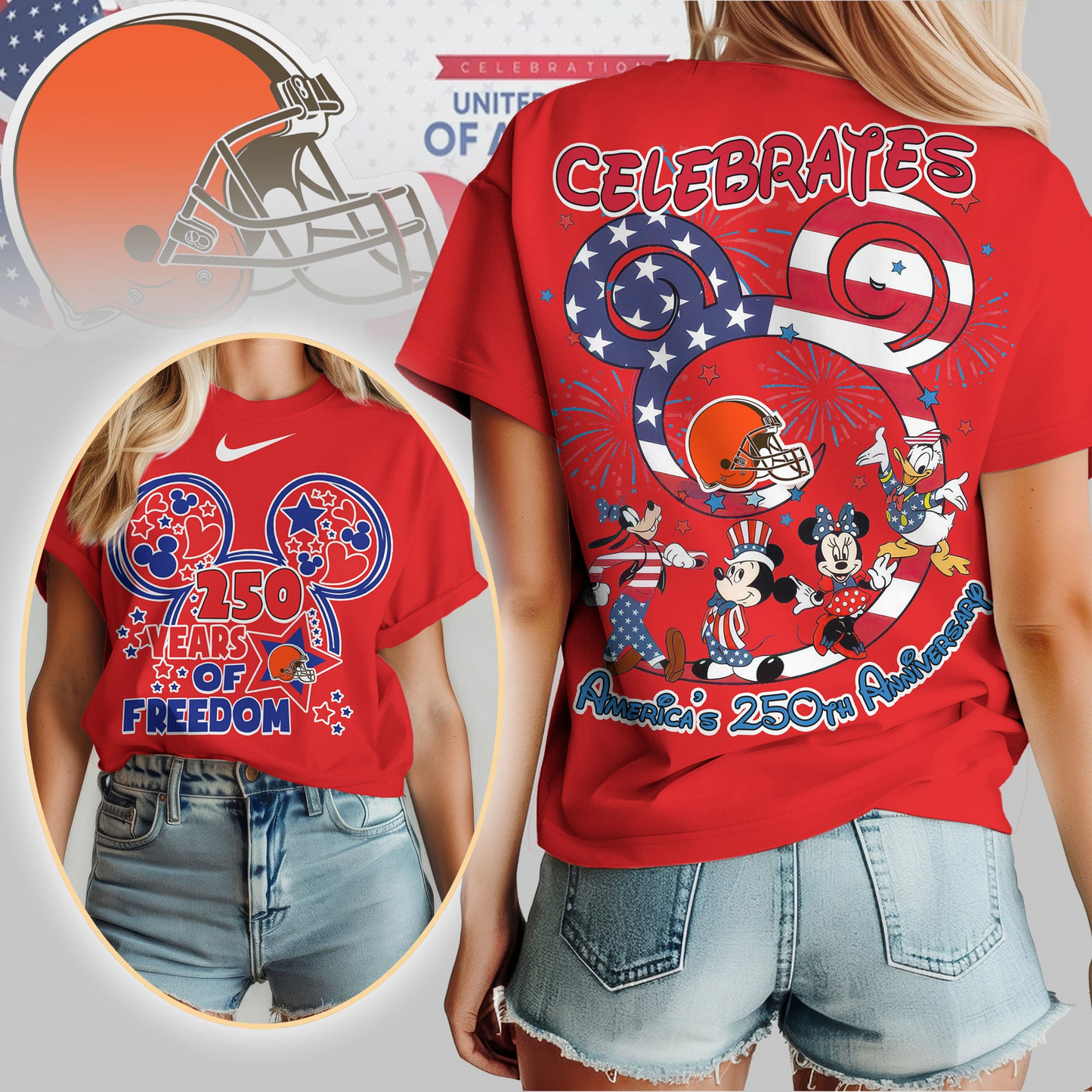 CLE Premium NFL Mickey Celebrates America 250th Anniversary Women Shirt DDT NTL