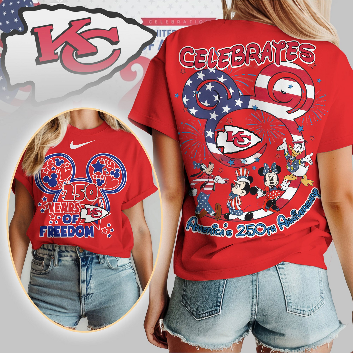 KCC Premium NFL Mickey Celebrates America 250th Anniversary Women Shirt DDT NTL