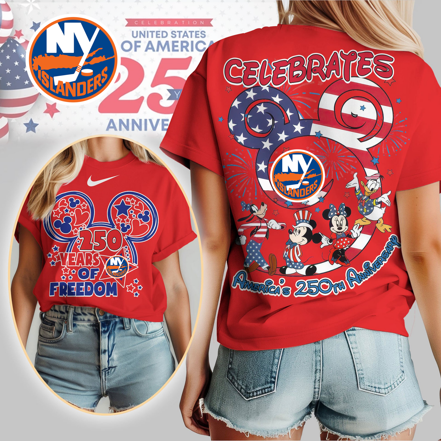NYI Premium NHL Mickey Celebrates America 250th Anniversary Women Shirt DDT CTND