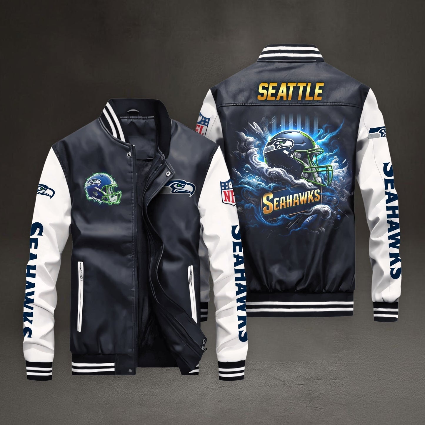 PREMIUM NFL X SEA LEATHER BOMBER JACKET NDT NHM