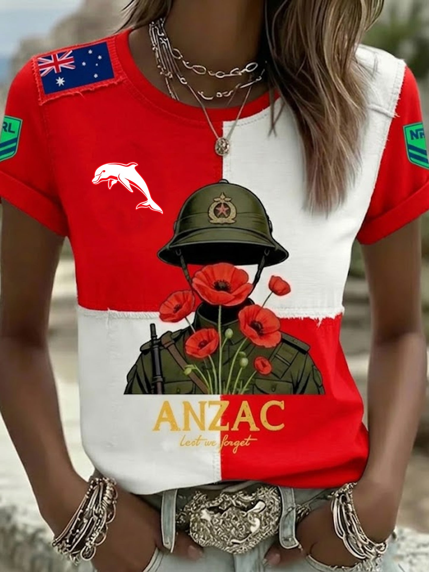 PREMIUM NRL X Dol Women's Australia Anzac Day Lest We Forget Short Sleeve Shirt NDT NTN 190326