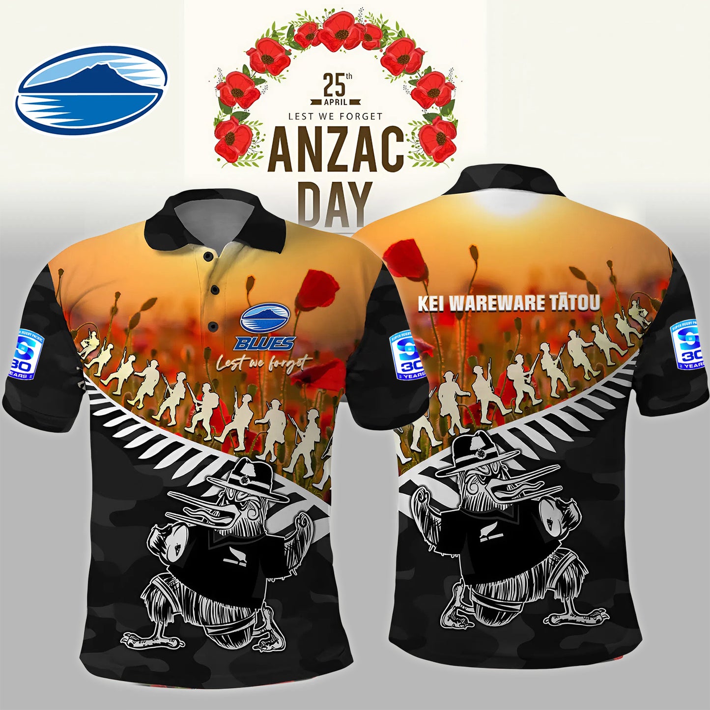 Premium SRP X BLU ANZAC Rugby Polo Shirt Soldier Fern With Kiwi Bird NDT NHM 180326