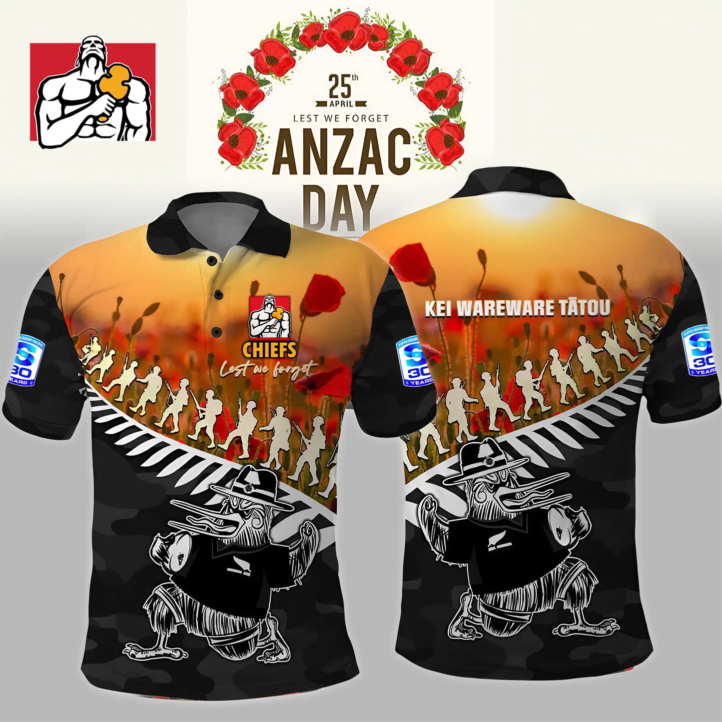 Premium SRP X CHI ANZAC Rugby Polo Shirt Soldier Fern With Kiwi Bird NDT NHM 180326