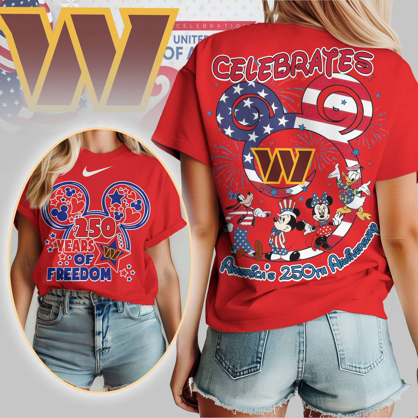 WC Premium NFL Mickey Celebrates America 250th Anniversary Women Shirt DDT NTL