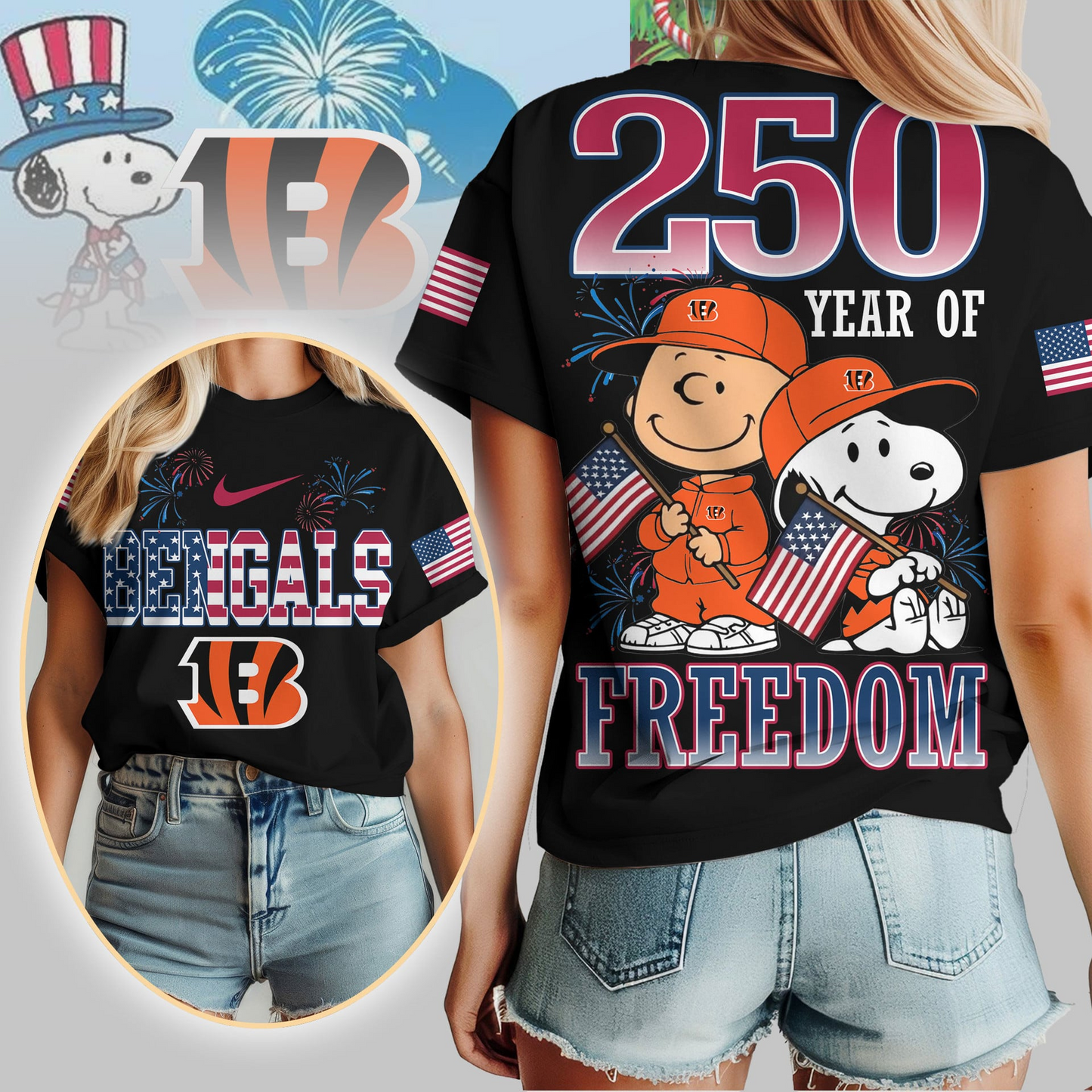 CIN Premium NFL Peanuts 250 Years Of Freedom 3D Shirt DDT NTL