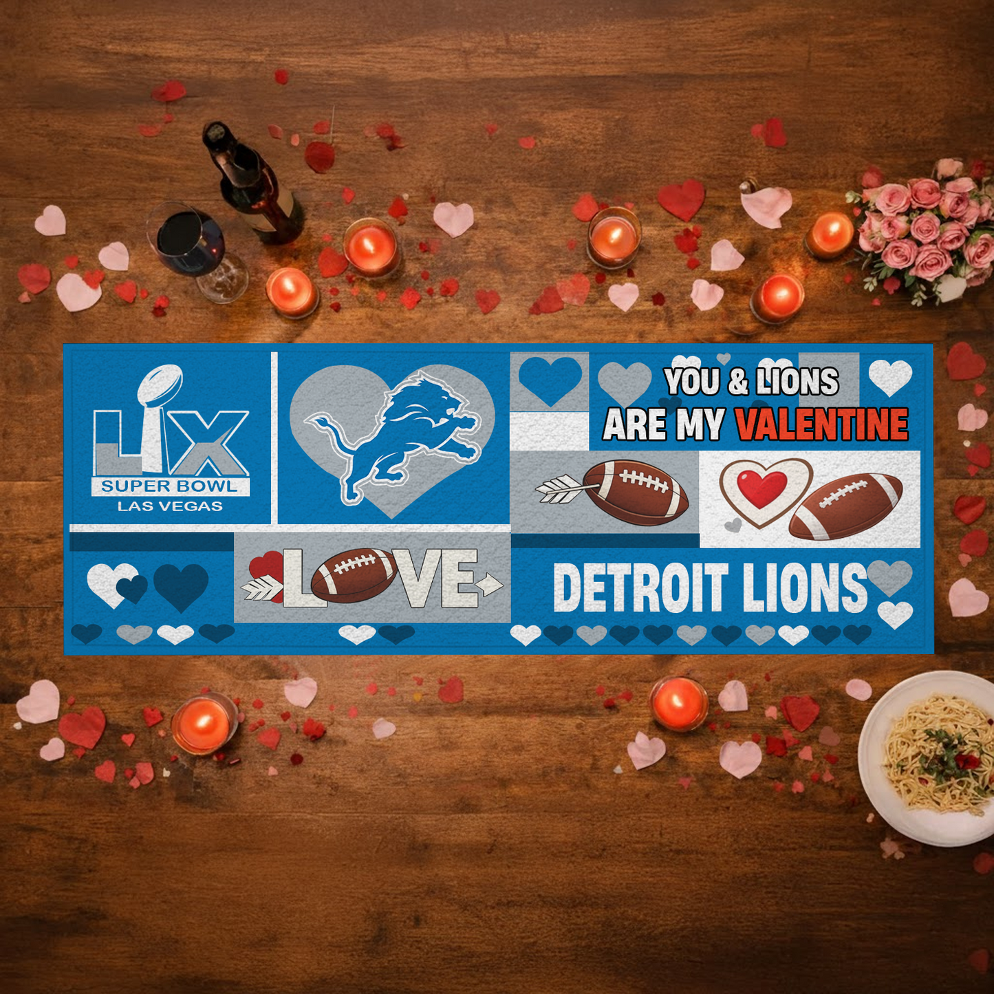 DET X NFL Premium Super Bowl-themed tablecloth, quilted and embroidered, perfect for Valentine's Day NAK NHT