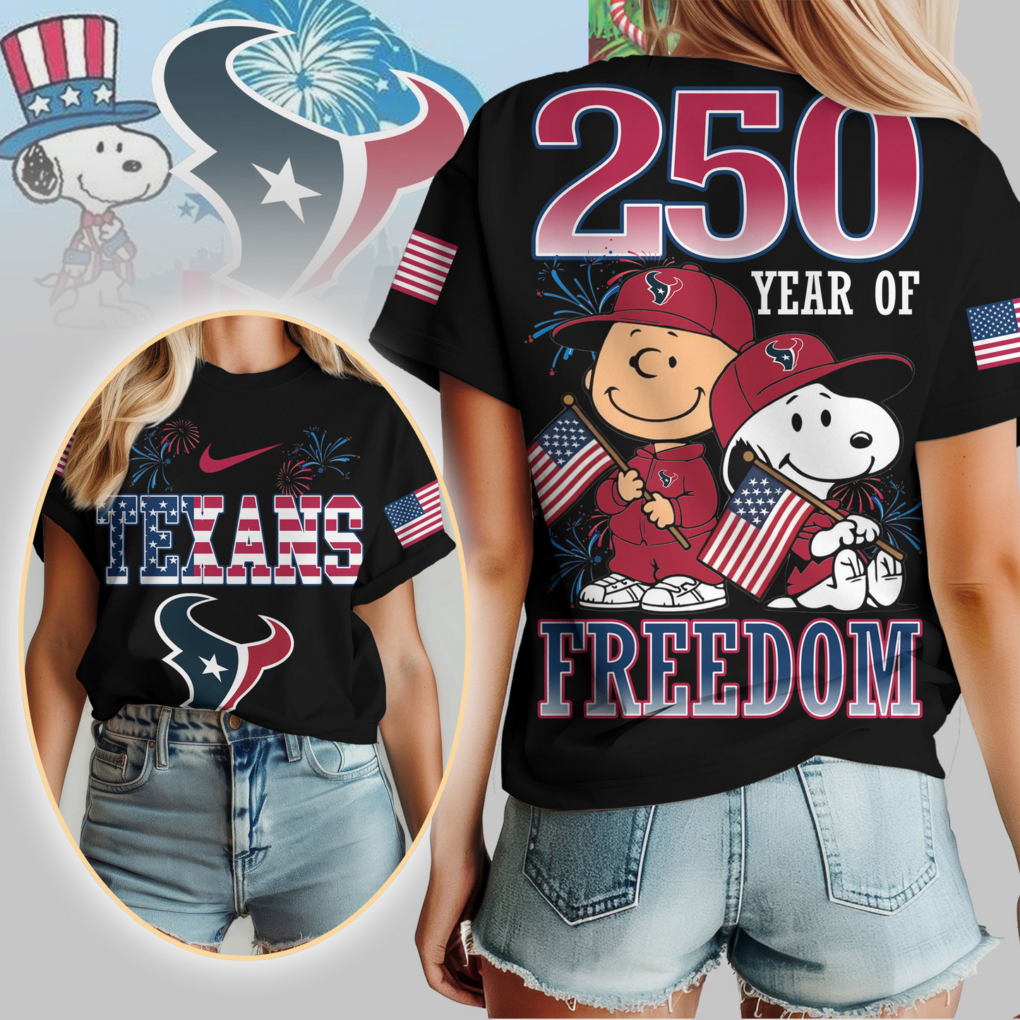 HT Premium NFL Peanuts 250 Years Of Freedom 3D Shirt DDT NTL
