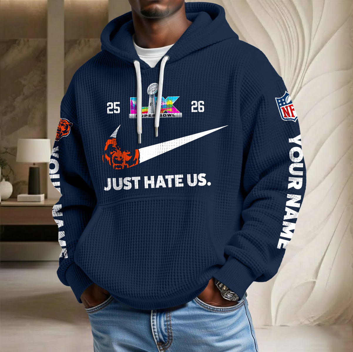 NFL x CHI SB Just Hate Us Custom Name Waffle Hoodie HLP HLPHUONG