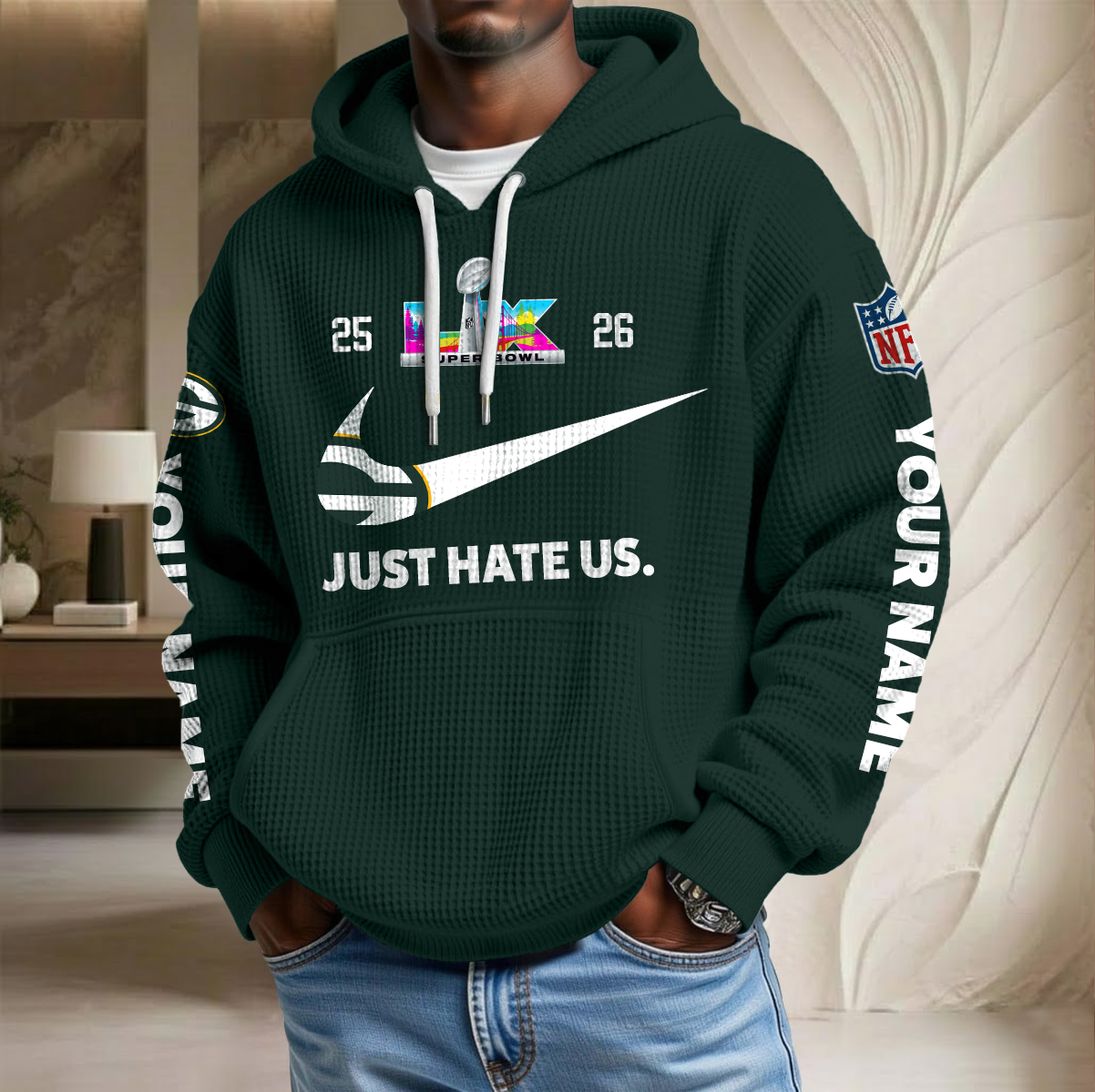 NFL x GB SB Just Hate Us Custom Name Waffle Hoodie HLP HLPHUONG