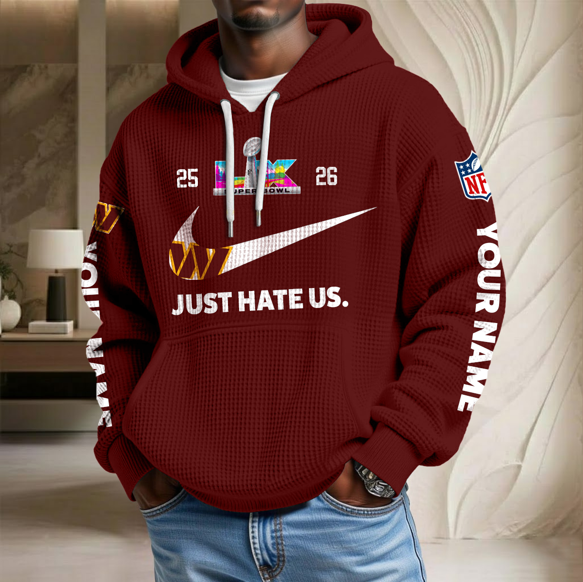 NFL x WAS SB Just Hate Us Custom Name Waffle Hoodie HLP HLPHUONG