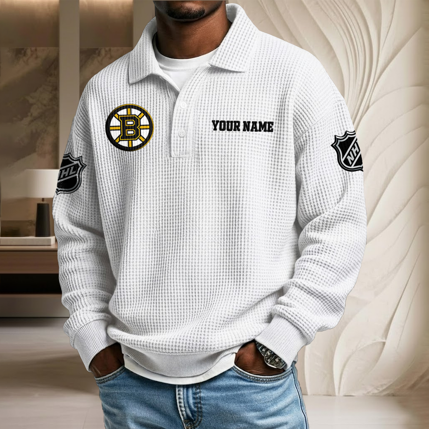 NHL x BOS Custom Name Waffle Three Button Lapel Polo HLP HLPHUONG