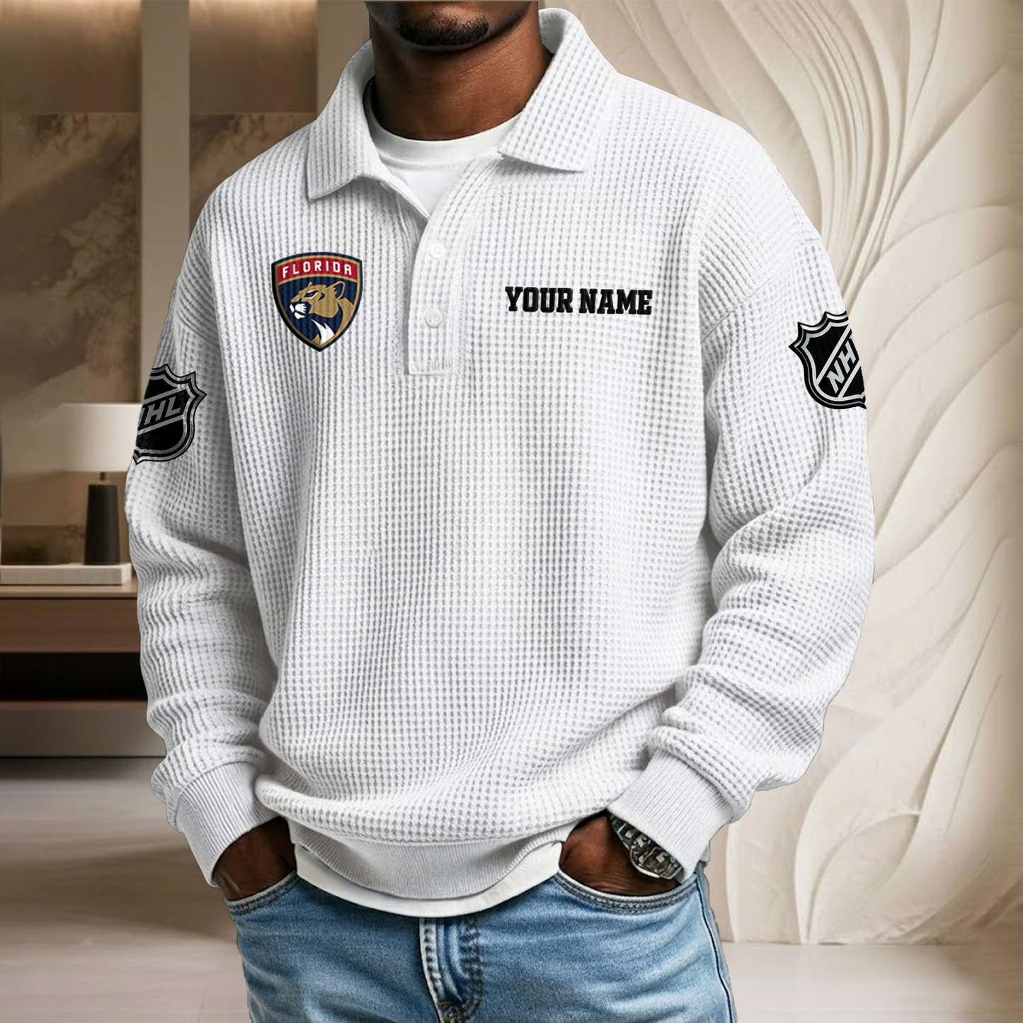 NHL x FLO Custom Name Waffle Three Button Lapel Polo HLP HLPHUONG