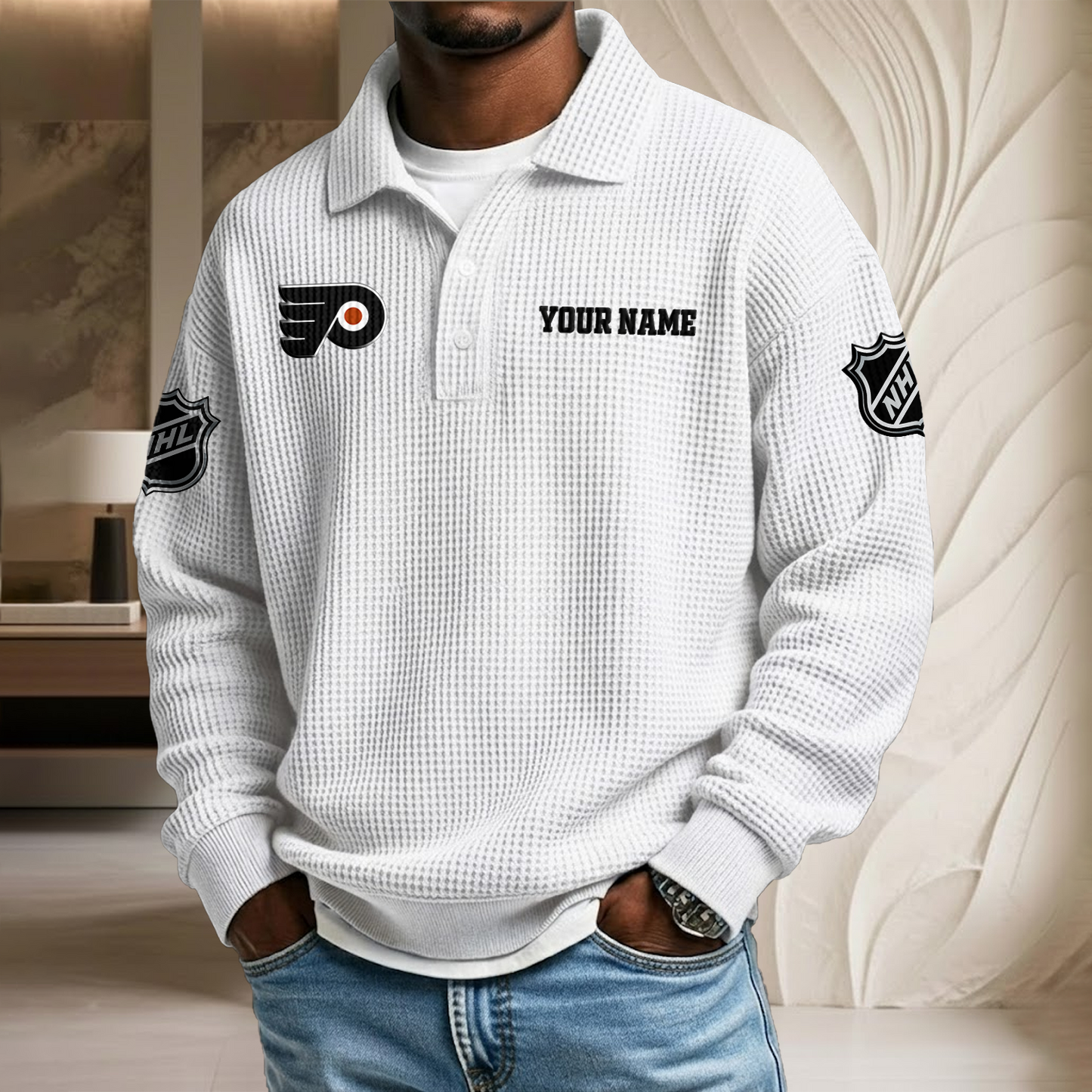NHL x PHI Custom Name Waffle Three Button Lapel Polo HLP HLPHUONG