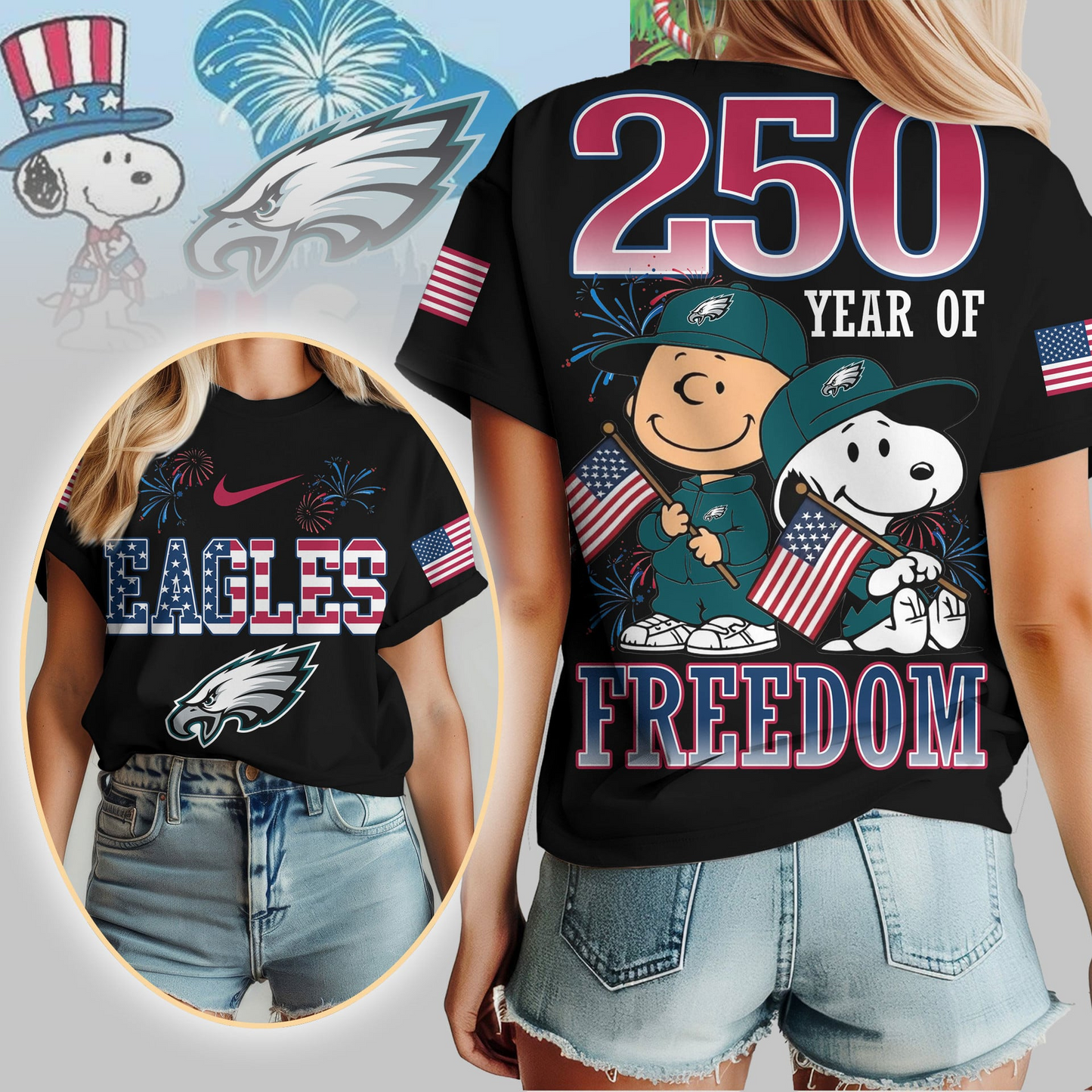 PE Premium NFL Peanuts 250 Years Of Freedom 3D Shirt DDT NTL