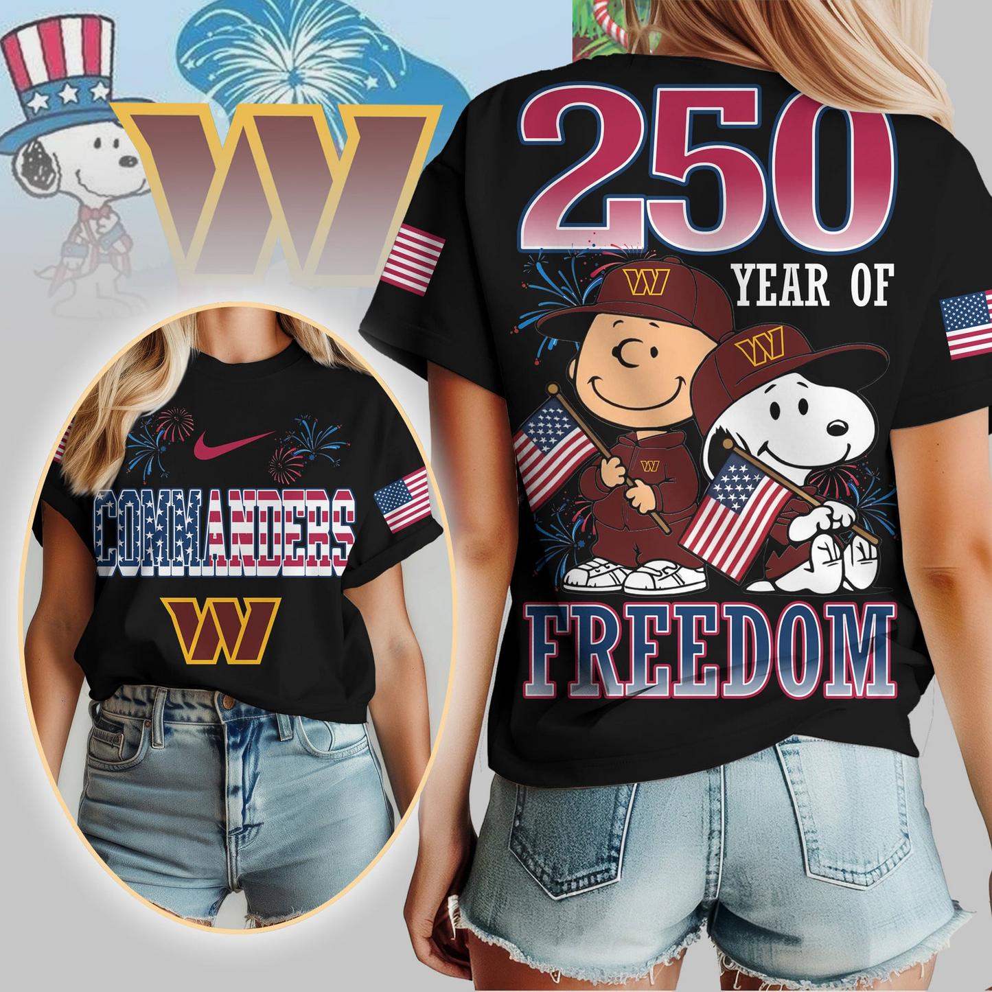 WC Premium NFL Peanuts 250 Years Of Freedom 3D Shirt DDT NTL