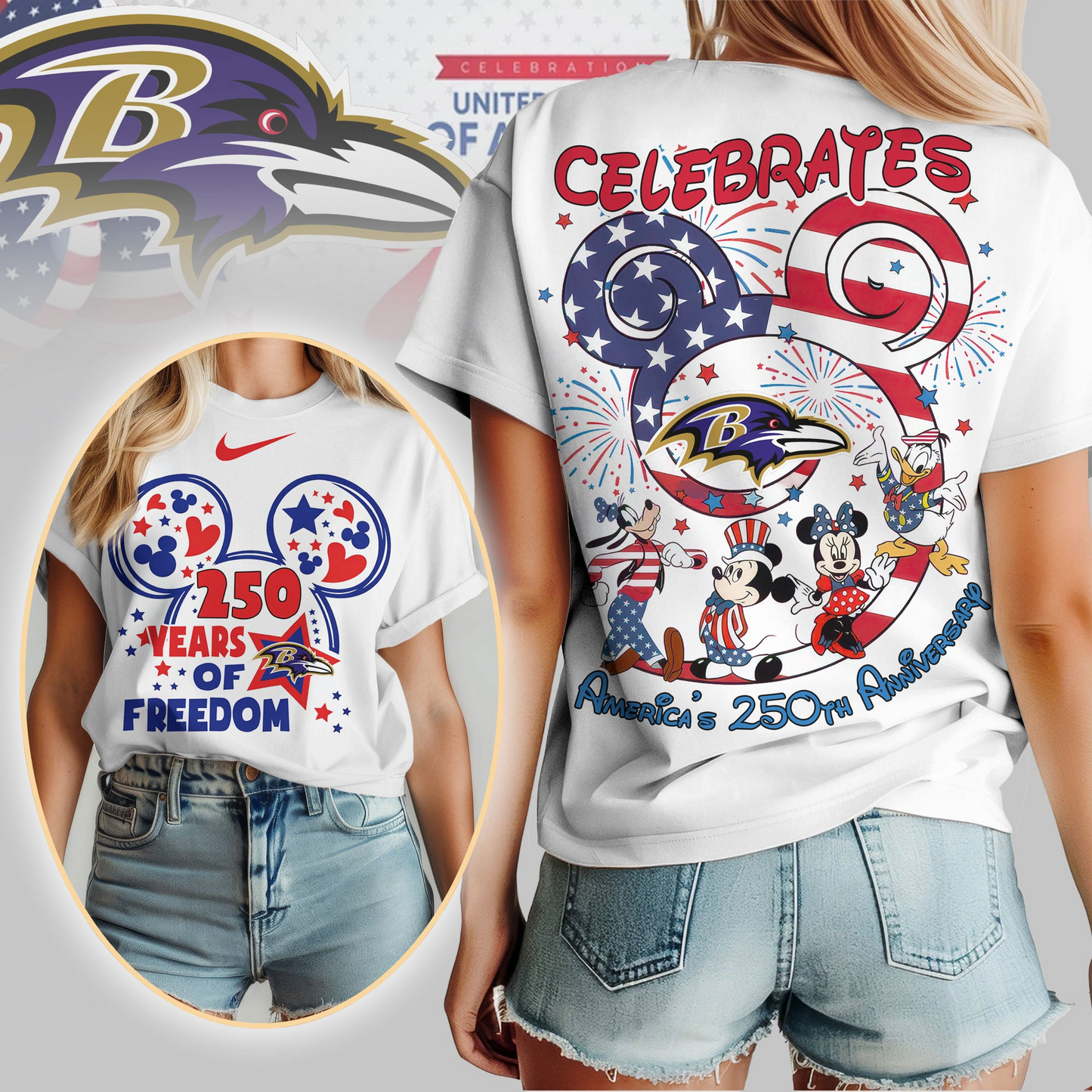 BR Premium NFL Mickey Celebrates America 250th Anniversary Women Shirt DDT NTL