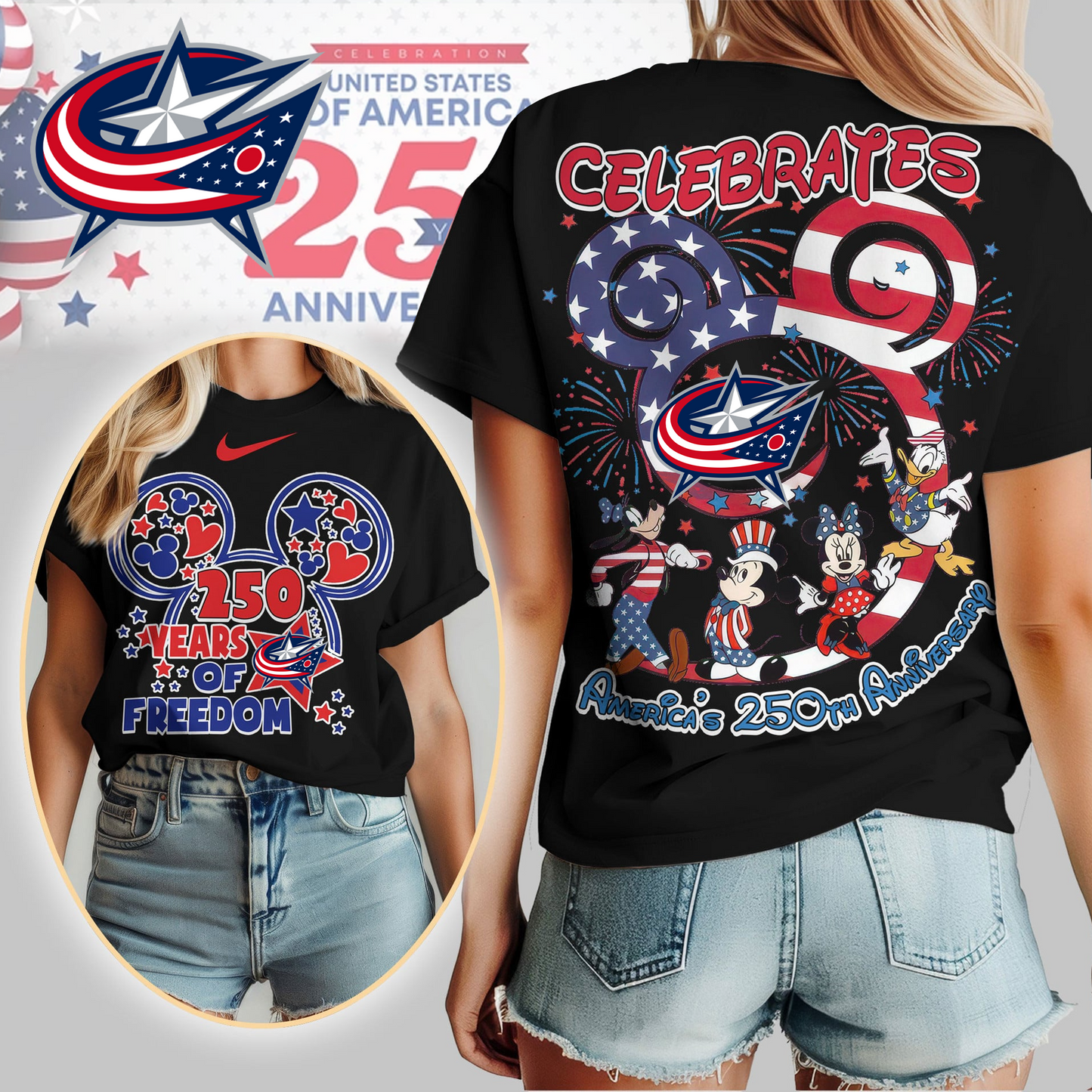 CBJ Premium NHL Mickey Celebrates America 250th Anniversary Women Shirt DDT CTND