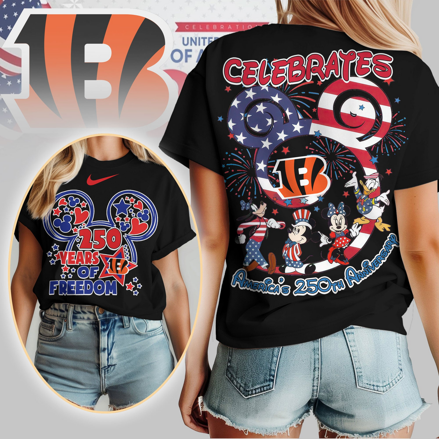 CIN Premium NFL Mickey Celebrates America 250th Anniversary Women Shirt DDT NTL
