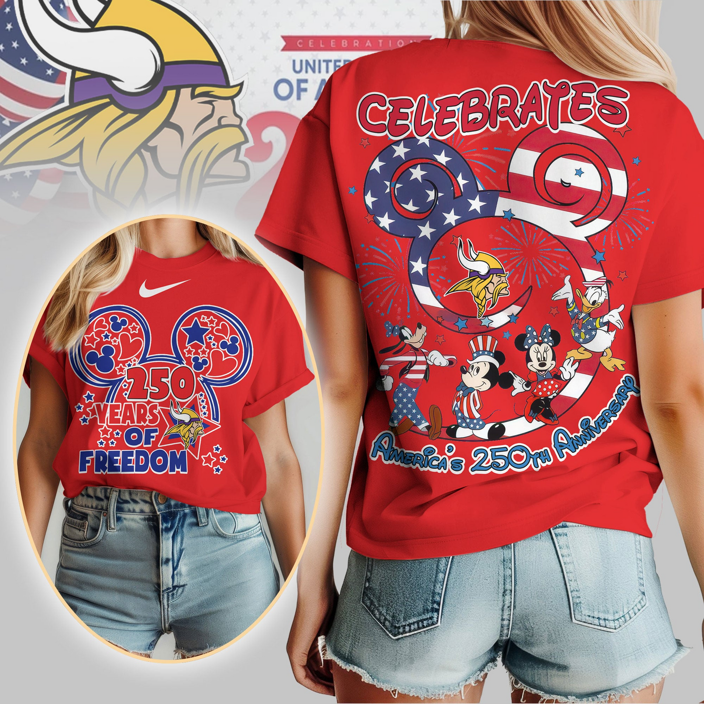 MV Premium NFL Mickey Celebrates America 250th Anniversary Women Shirt DDT NTL