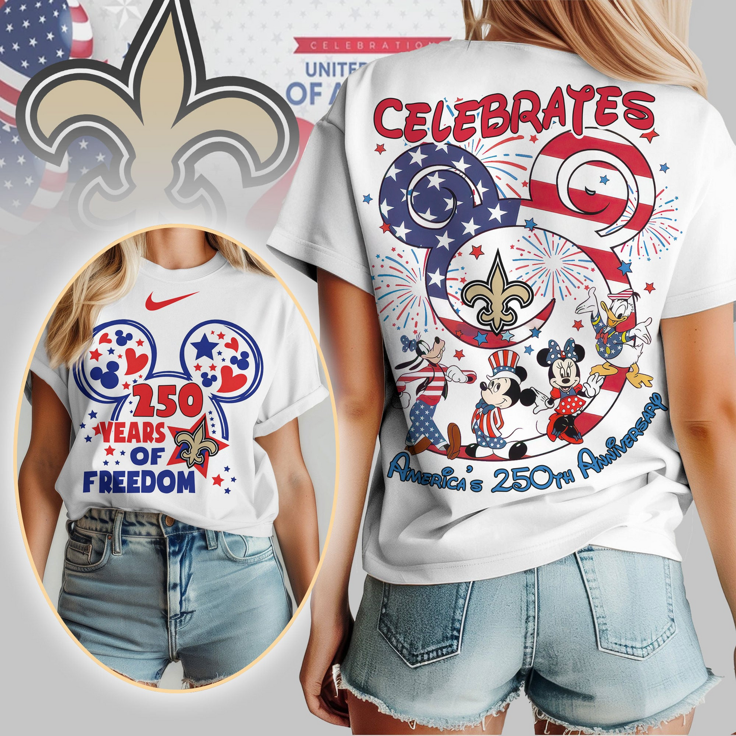 NOS Premium NFL Mickey Celebrates America 250th Anniversary Women Shirt DDT NTL