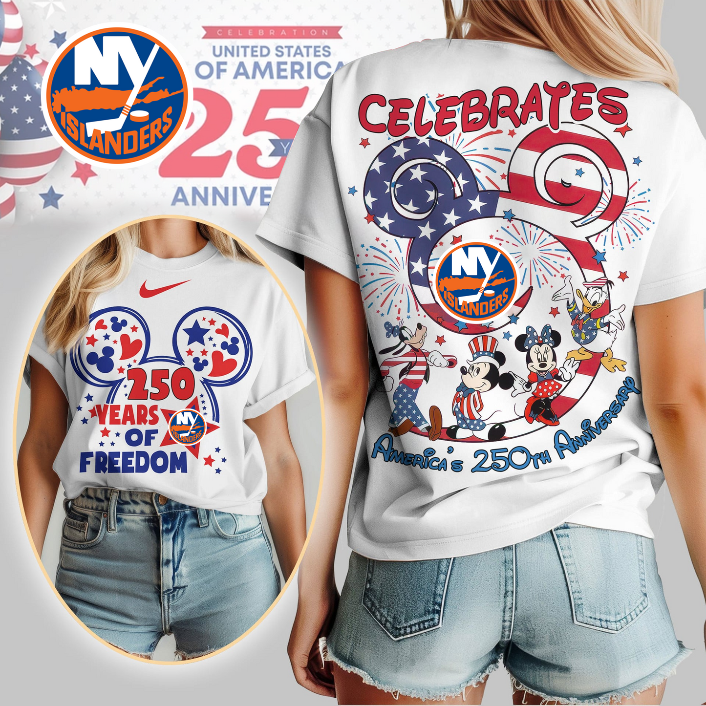 NYI Premium NHL Mickey Celebrates America 250th Anniversary Women Shirt DDT CTND