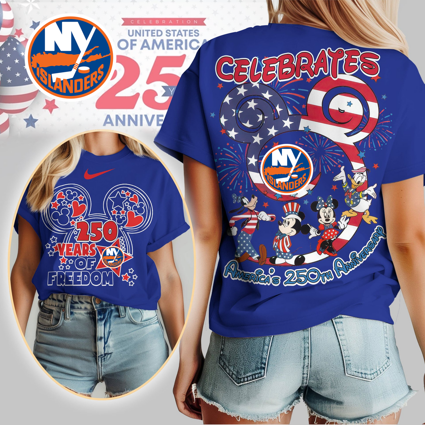 NYI Premium NHL Mickey Celebrates America 250th Anniversary Women Shirt DDT CTND
