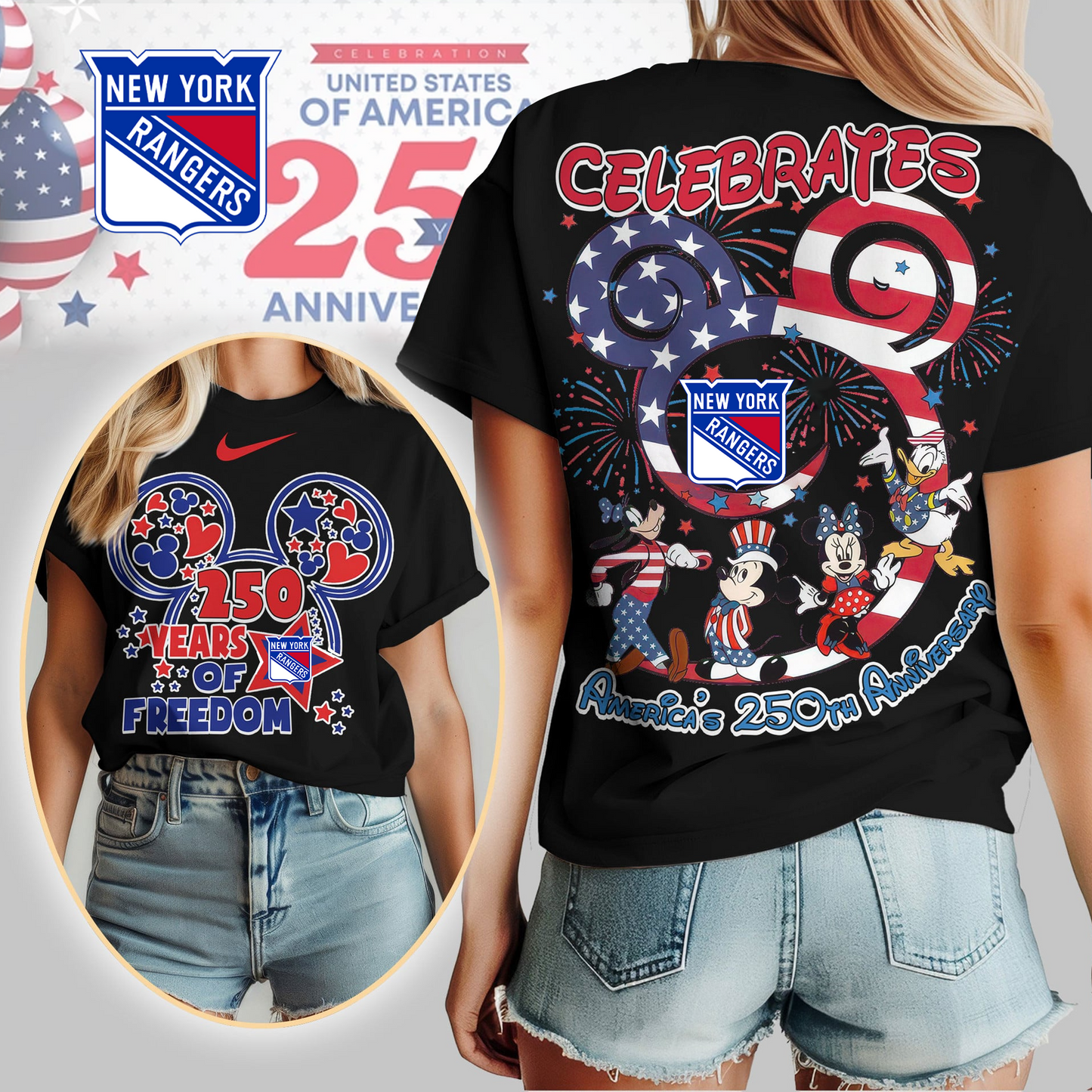 NYR Premium NHL Mickey Celebrates America 250th Anniversary Women Shirt DDT CTND