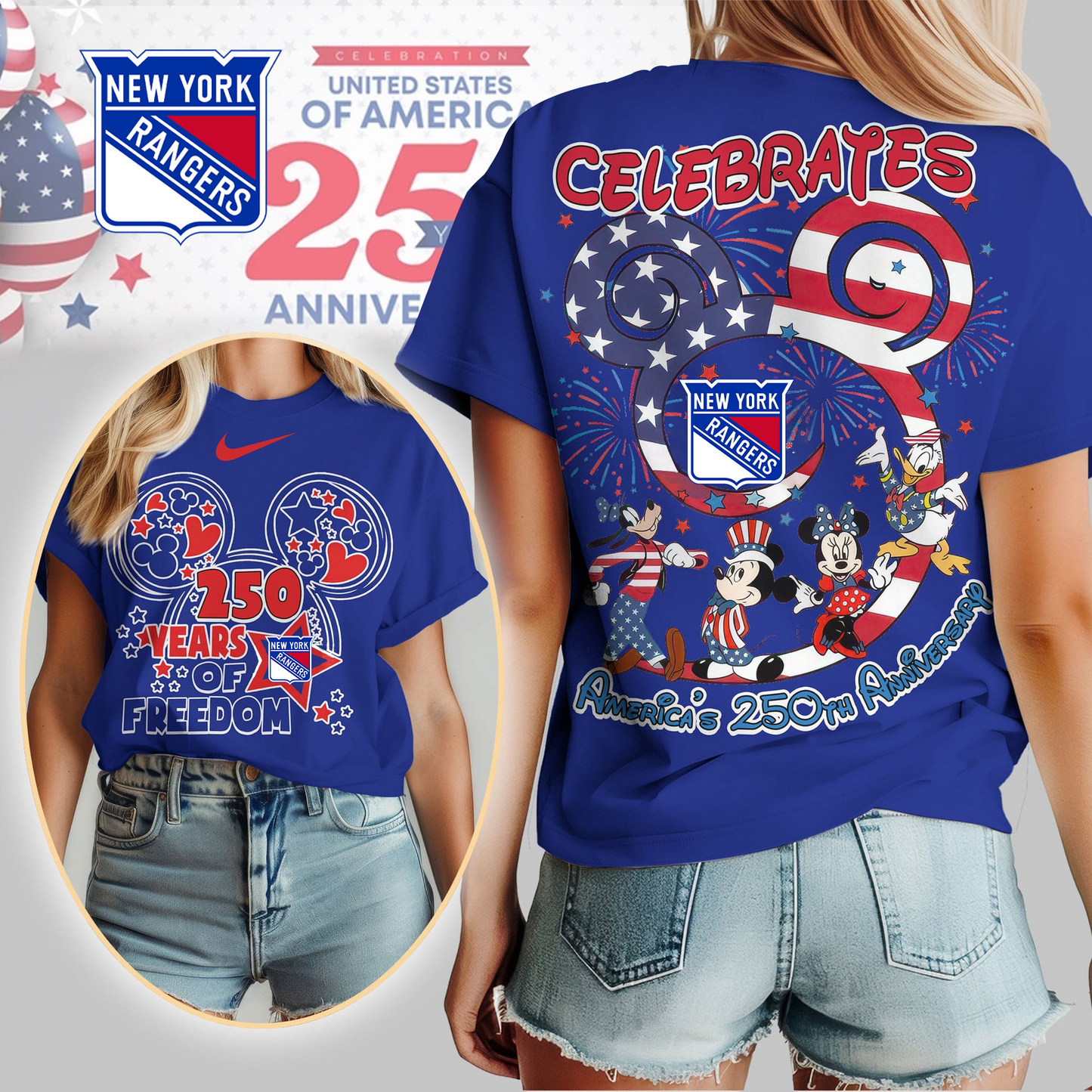 NYR Premium NHL Mickey Celebrates America 250th Anniversary Women Shirt DDT CTND