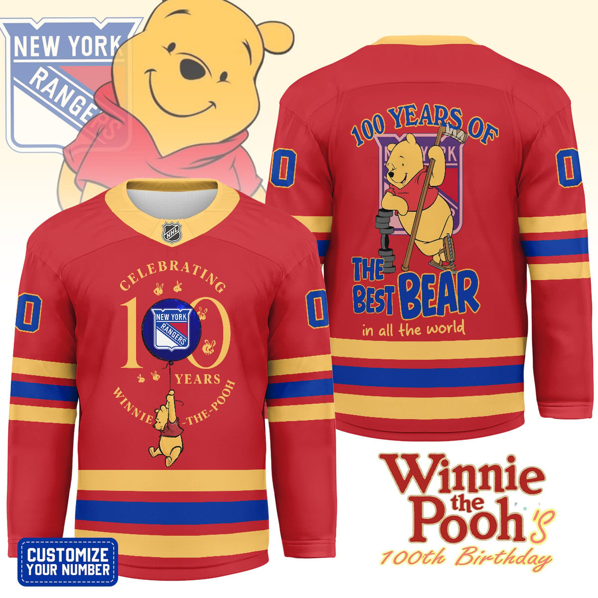NYR x NHL Premium Winnie The Pooh 100th Anniversary Hockey Jersey DDT CTND