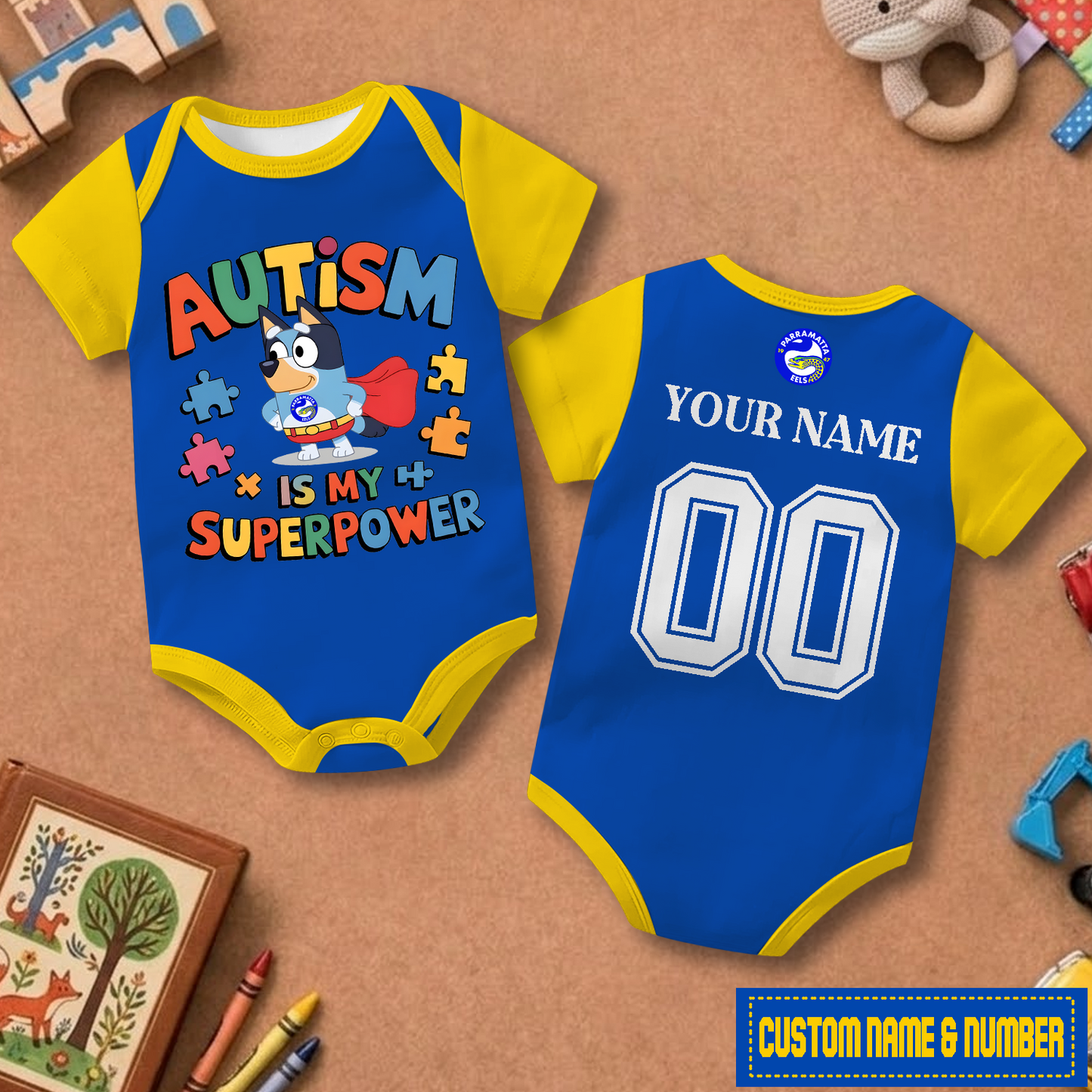 PAR x NRL Custom Name & Number  Baby Romper DATND TANTD