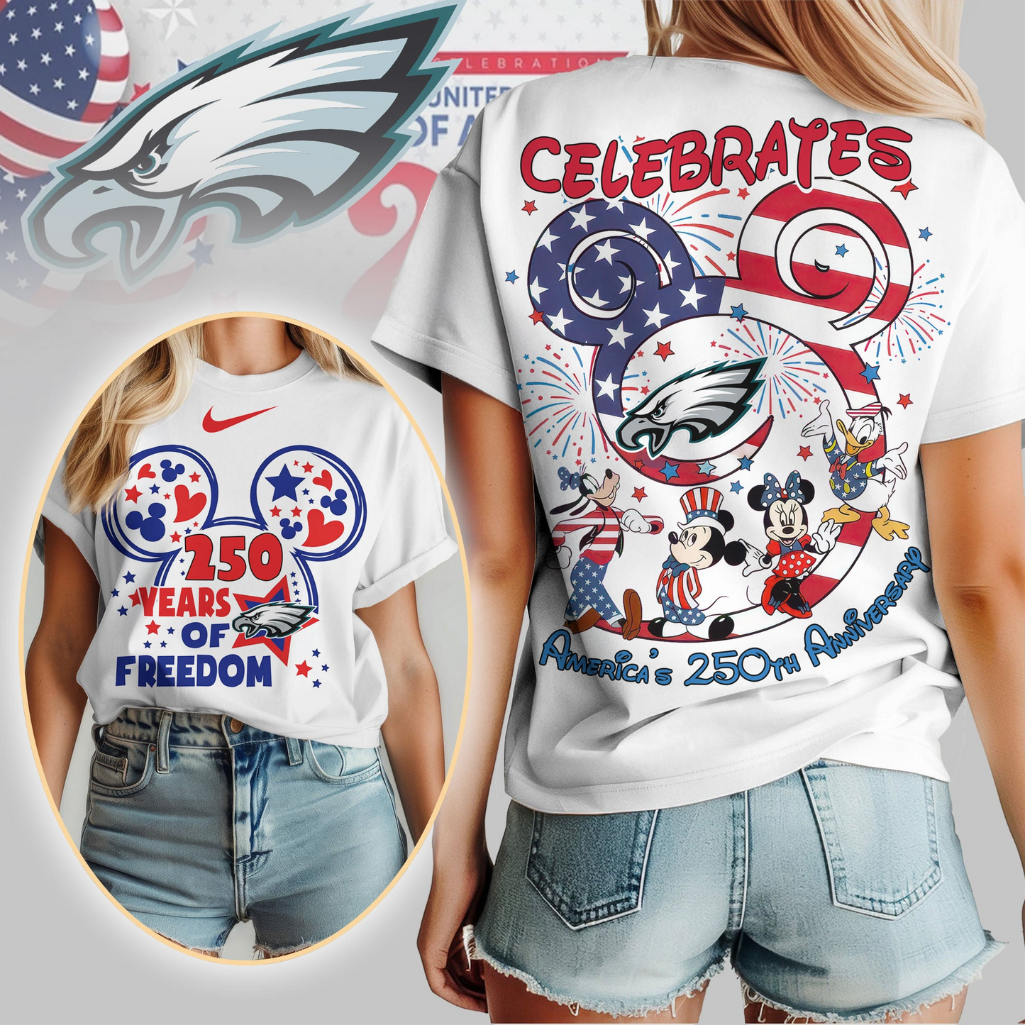 PE Premium NFL Mickey Celebrates America 250th Anniversary Women Shirt DDT NTL