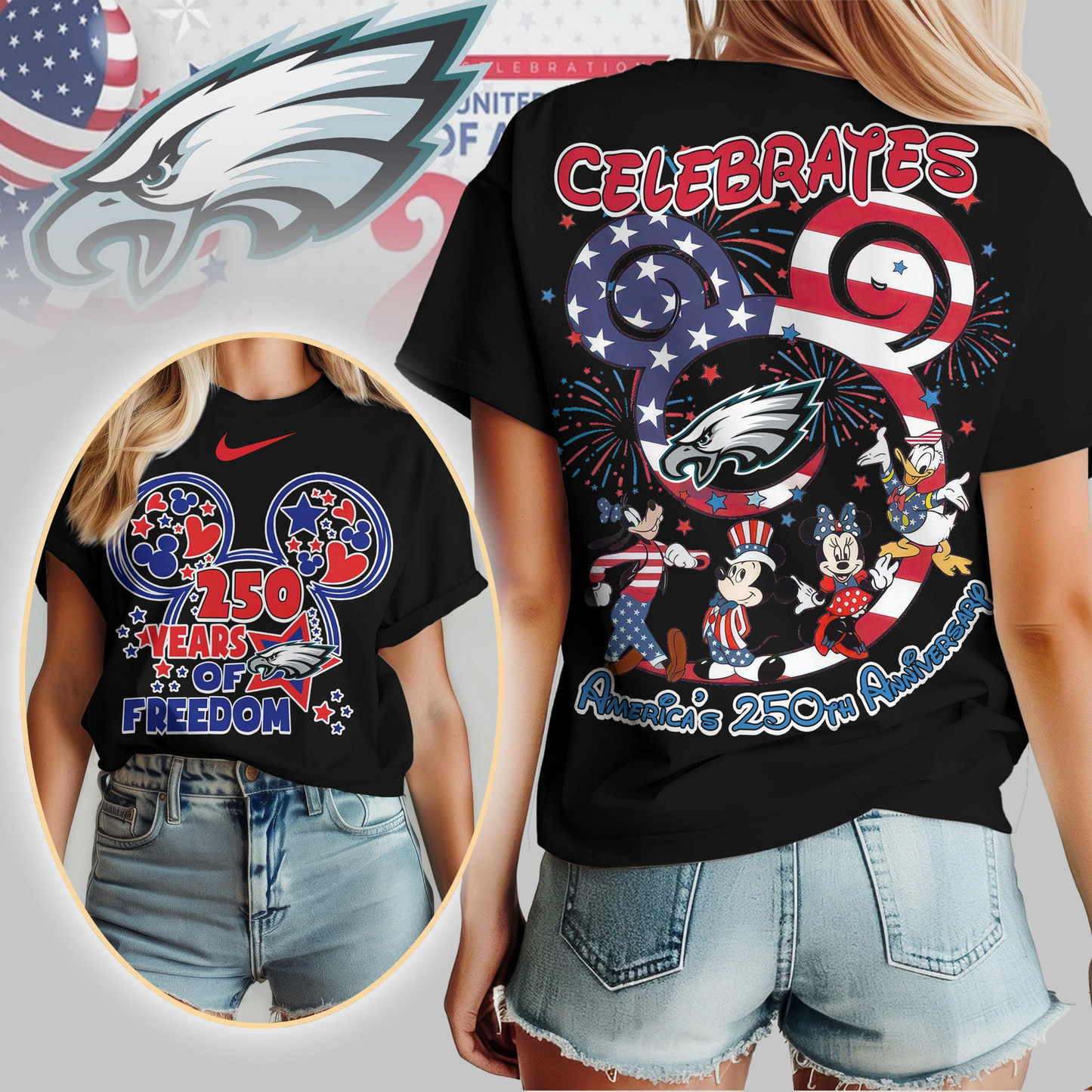 PE Premium NFL Mickey Celebrates America 250th Anniversary Women Shirt DDT NTL