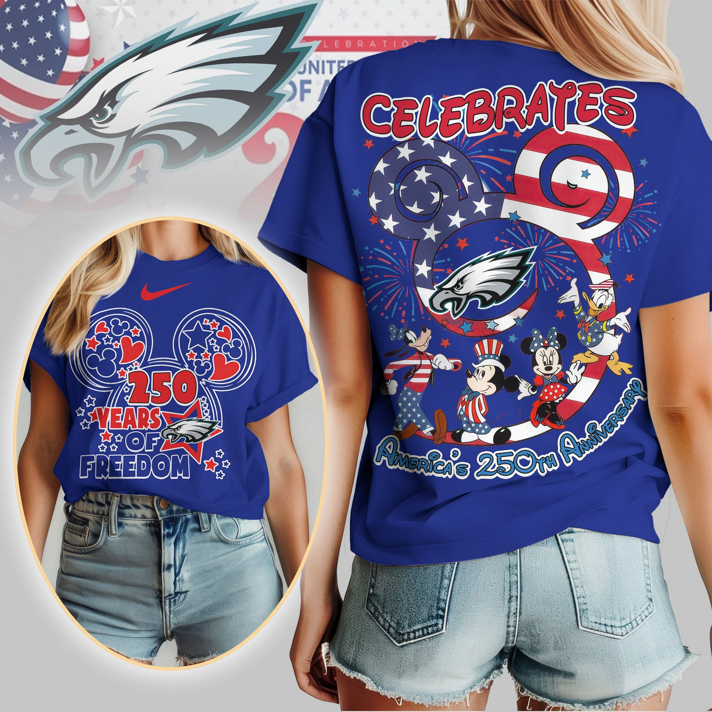 PE Premium NFL Mickey Celebrates America 250th Anniversary Women Shirt DDT NTL