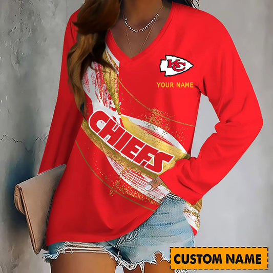 PREMIUM NFL X KCC Women‘s V-Neck Long-Sleeved Shirt - Custom Name Gifts For Fans NDT NHM 240226