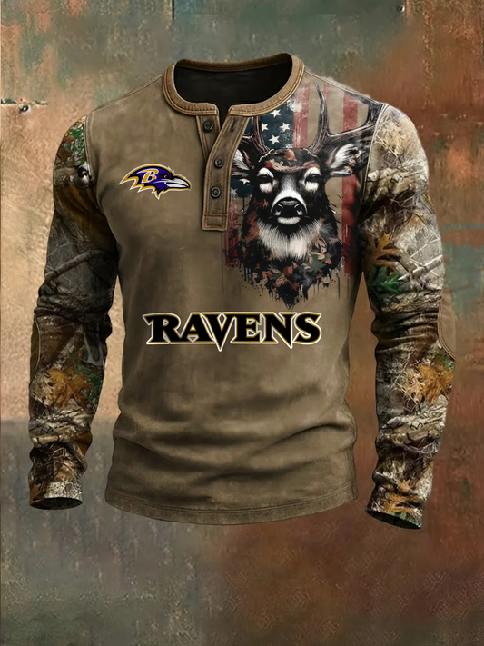 Premium NFL X BAL Retro Western Deer Henley Long Sleeve Shirt NDT NHM 311225