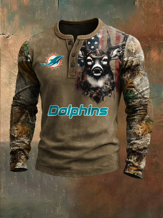 Premium NFL X MIA Retro Western Deer Henley Long Sleeve Shirt NDT NHM 311225