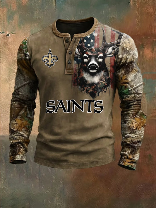 Premium NFL X NO Retro Western Deer Henley Long Sleeve Shirt NDT NHM 311225