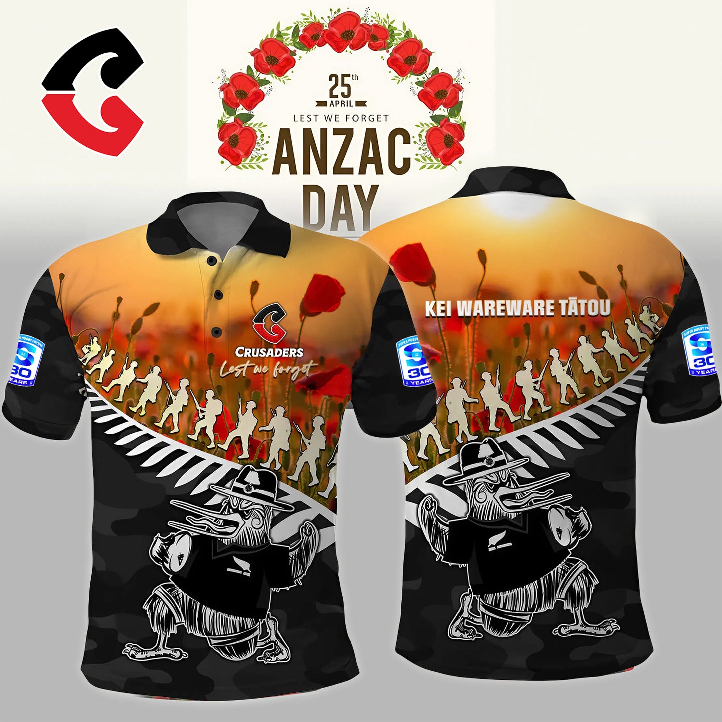 Premium SRP X CRU ANZAC Rugby Polo Shirt Soldier Fern With Kiwi Bird NDT NHM 180326