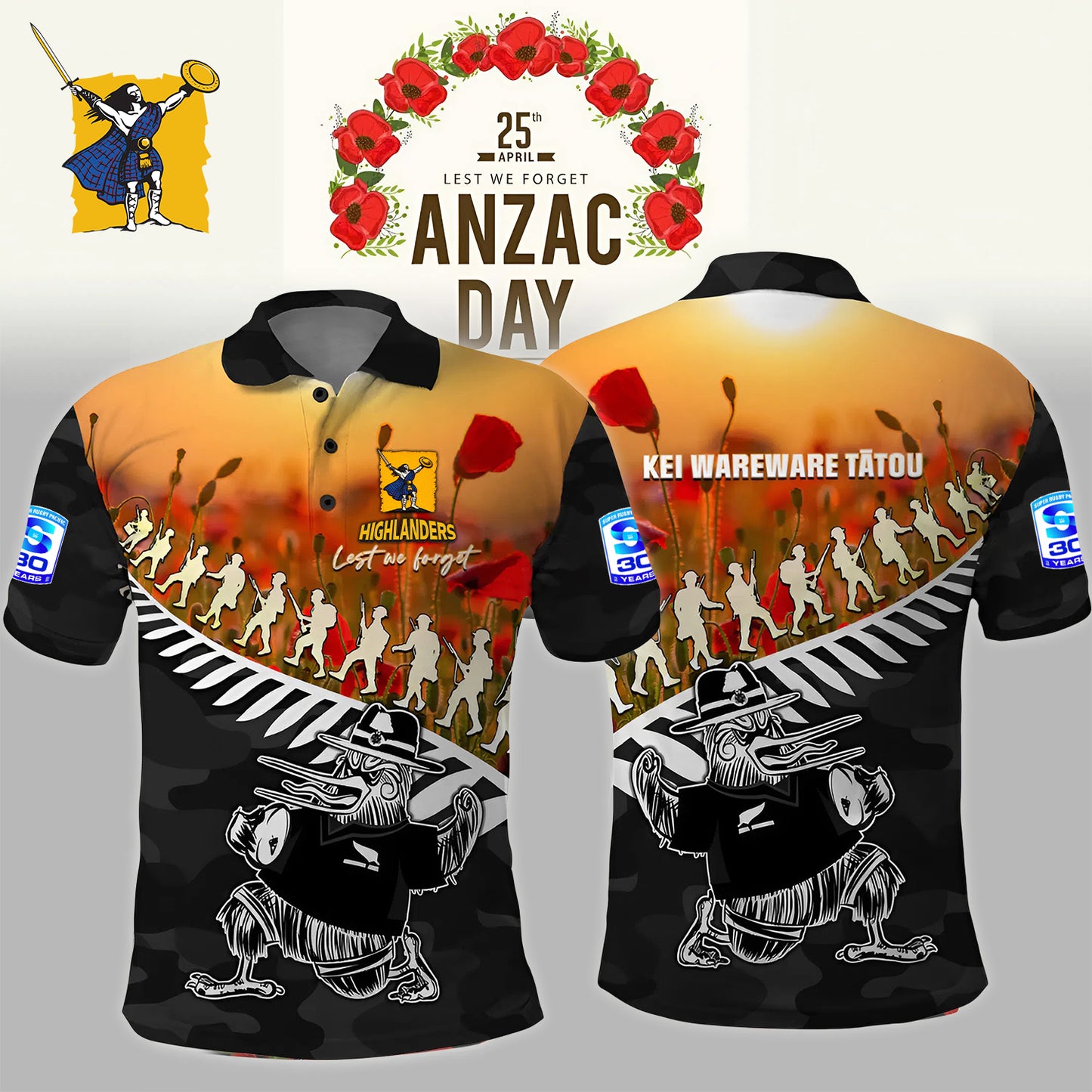 Premium SRP X HIG ANZAC Rugby Polo Shirt Soldier Fern With Kiwi Bird NDT NHM 180326