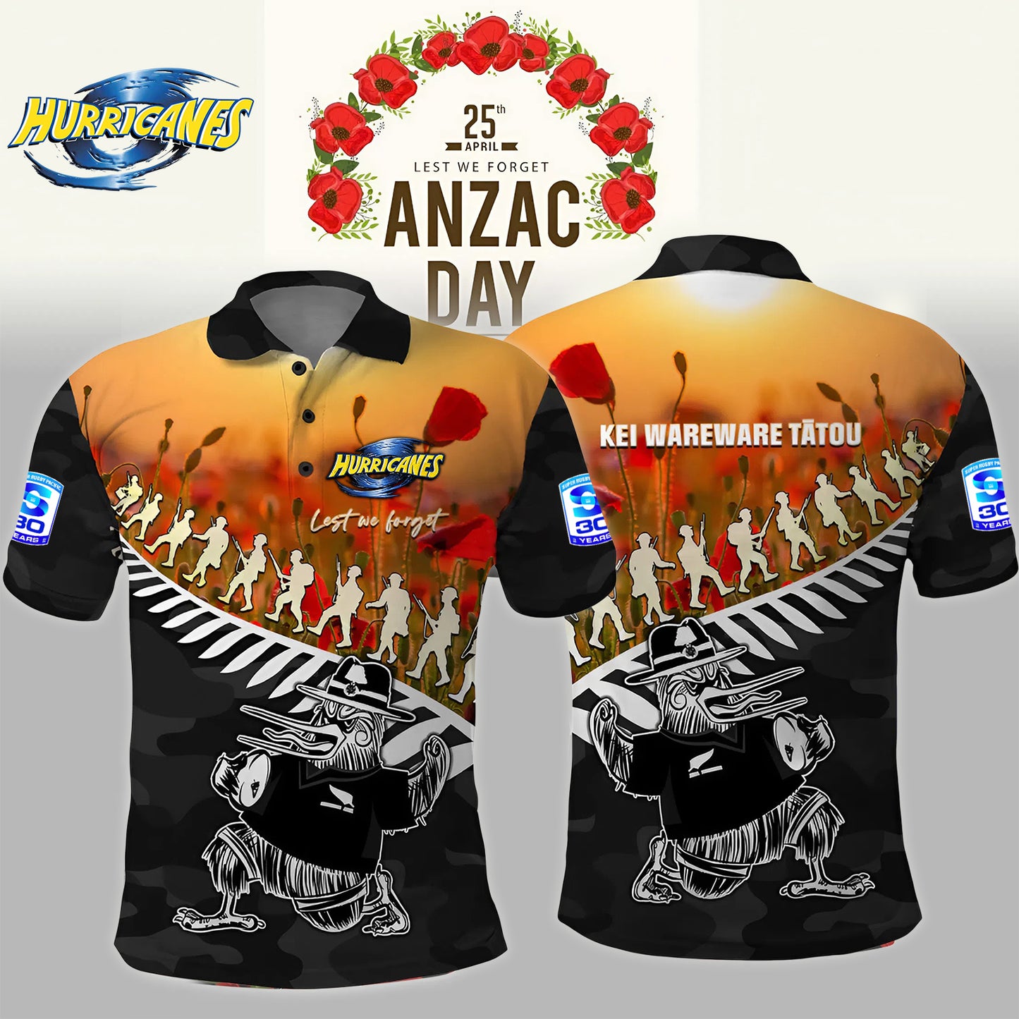 Premium SRP X HUR ANZAC Rugby Polo Shirt Soldier Fern With Kiwi Bird NDT NHM 180326