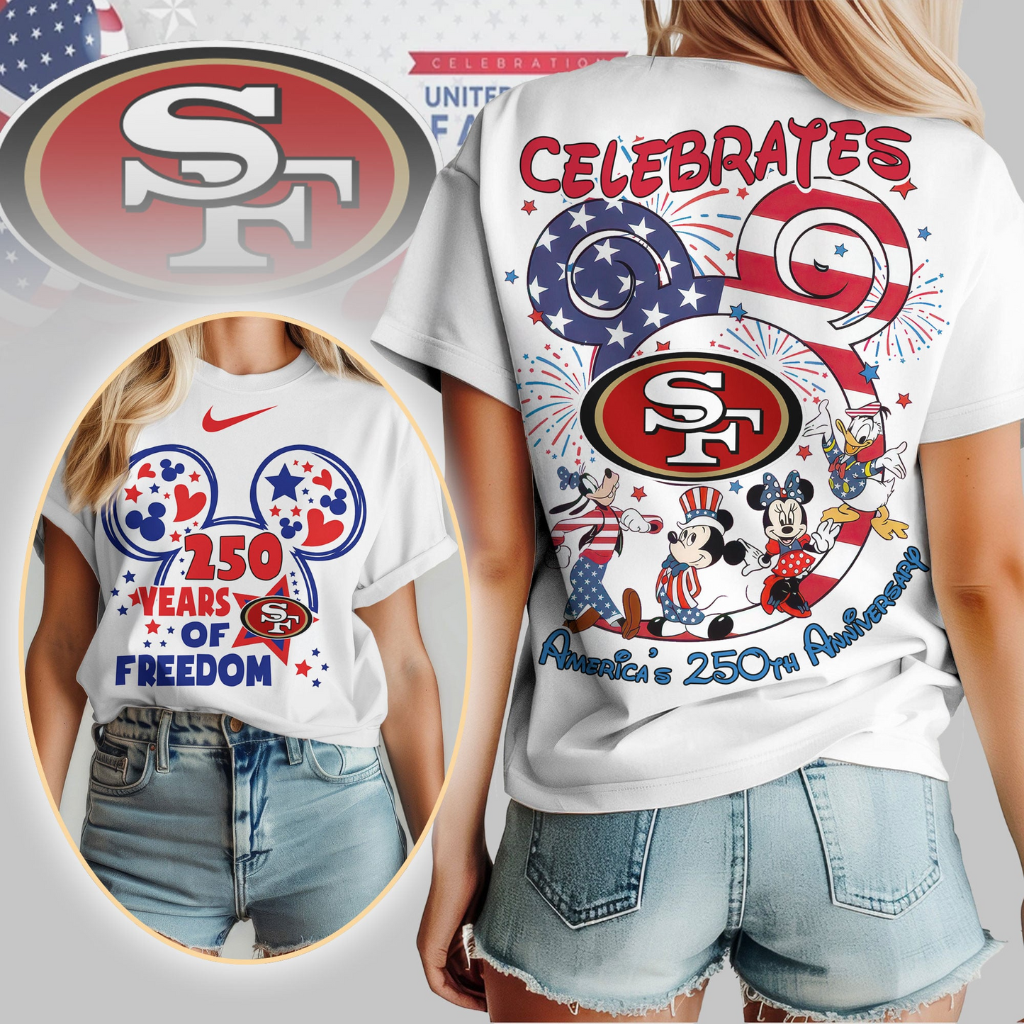 SF49 Premium NFL Mickey Celebrates America 250th Anniversary Women Shirt DDT NTL