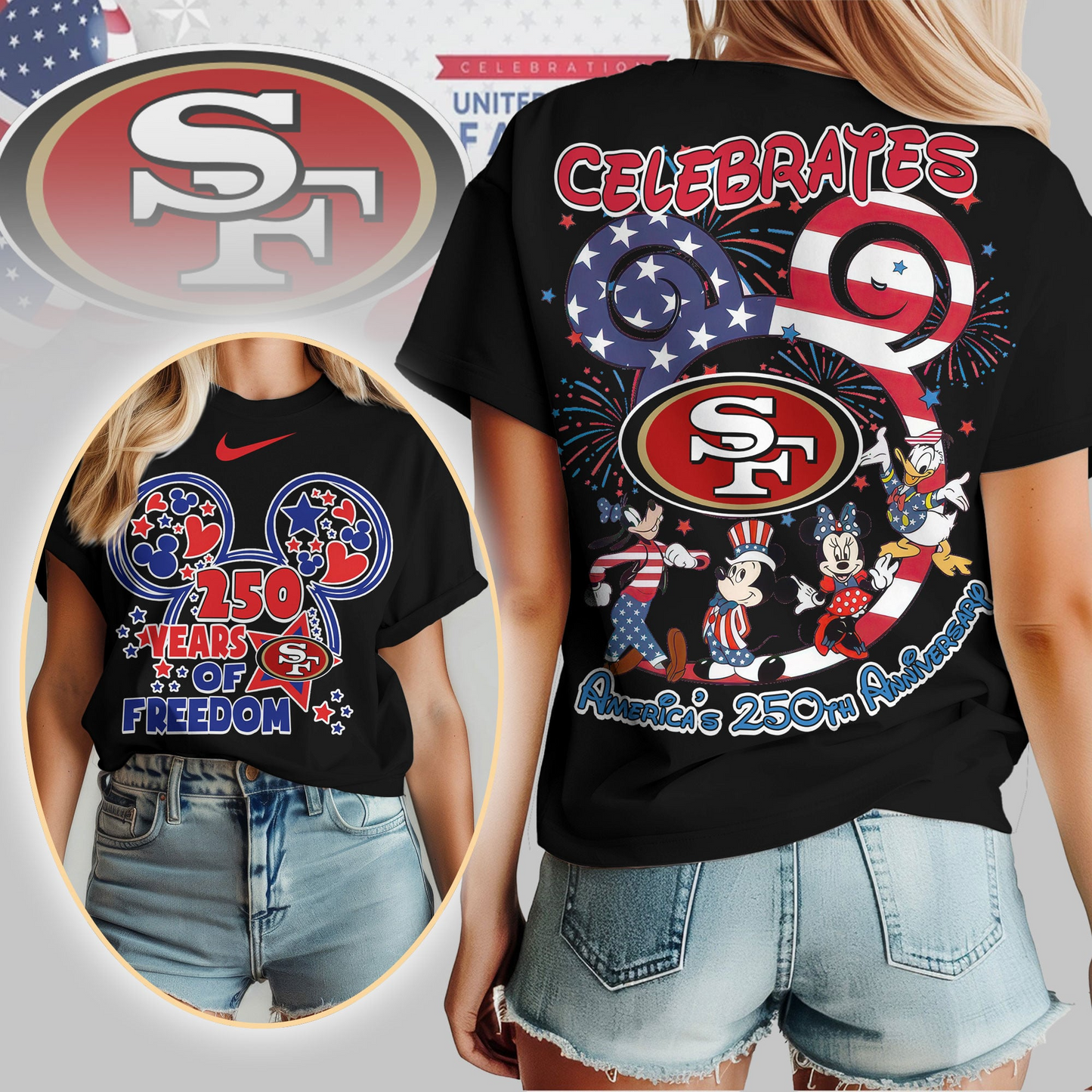 SF49 Premium NFL Mickey Celebrates America 250th Anniversary Women Shirt DDT NTL
