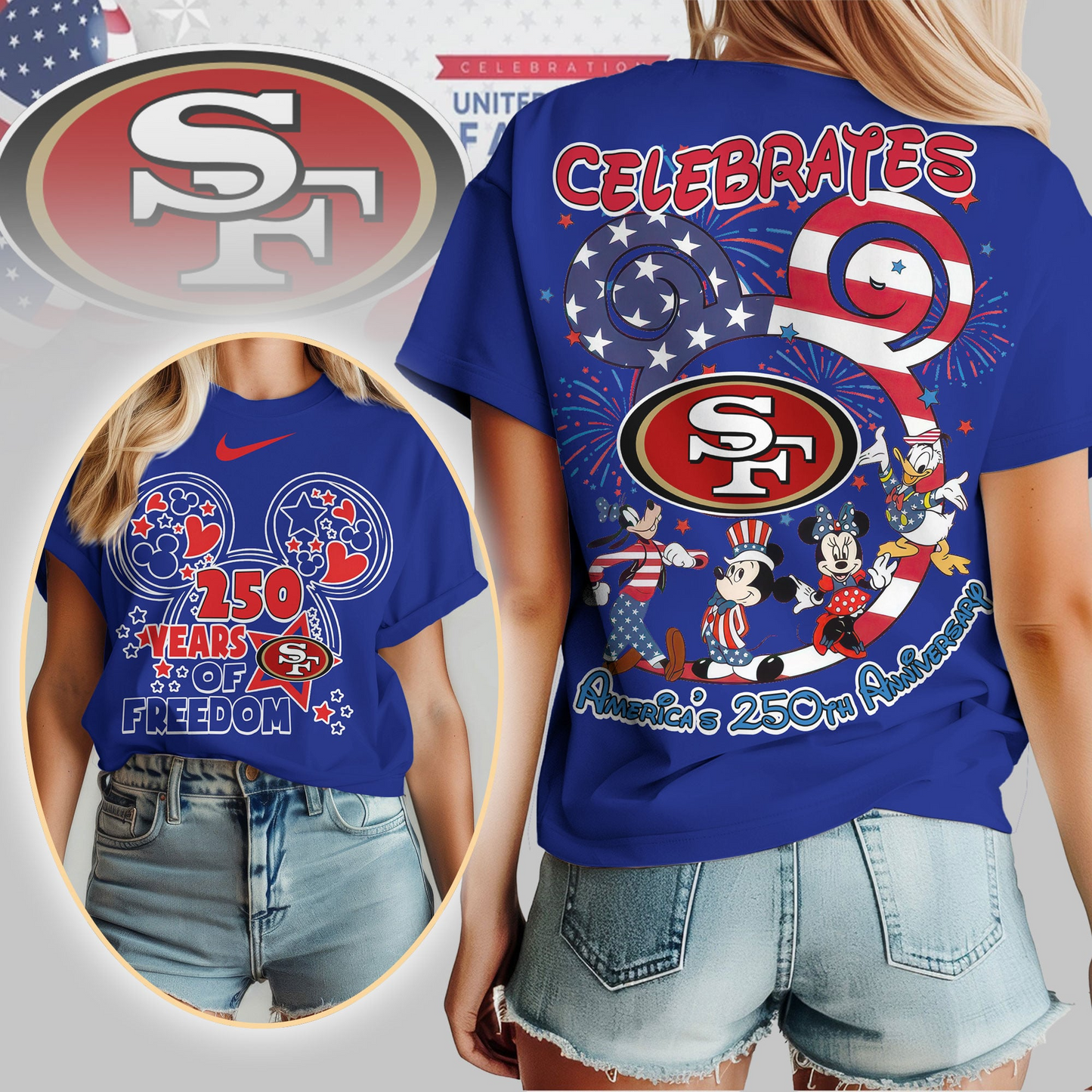 SF49 Premium NFL Mickey Celebrates America 250th Anniversary Women Shirt DDT NTL