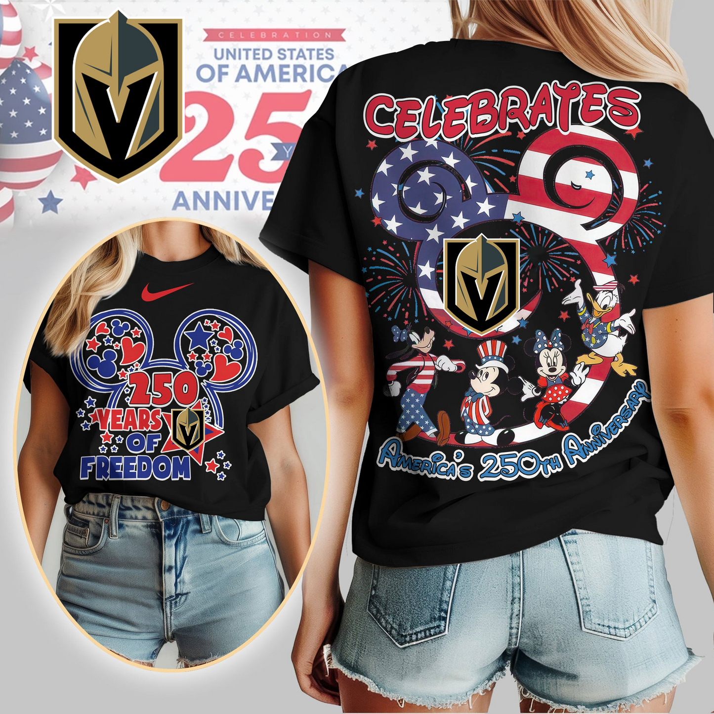 VGK Premium NHL Mickey Celebrates America 250th Anniversary Women Shirt DDT CTND