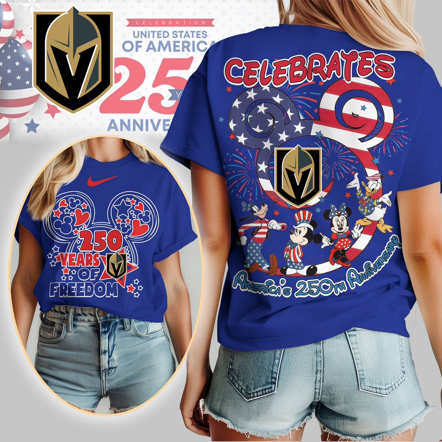 VGK Premium NHL Mickey Celebrates America 250th Anniversary Women Shirt DDT CTND