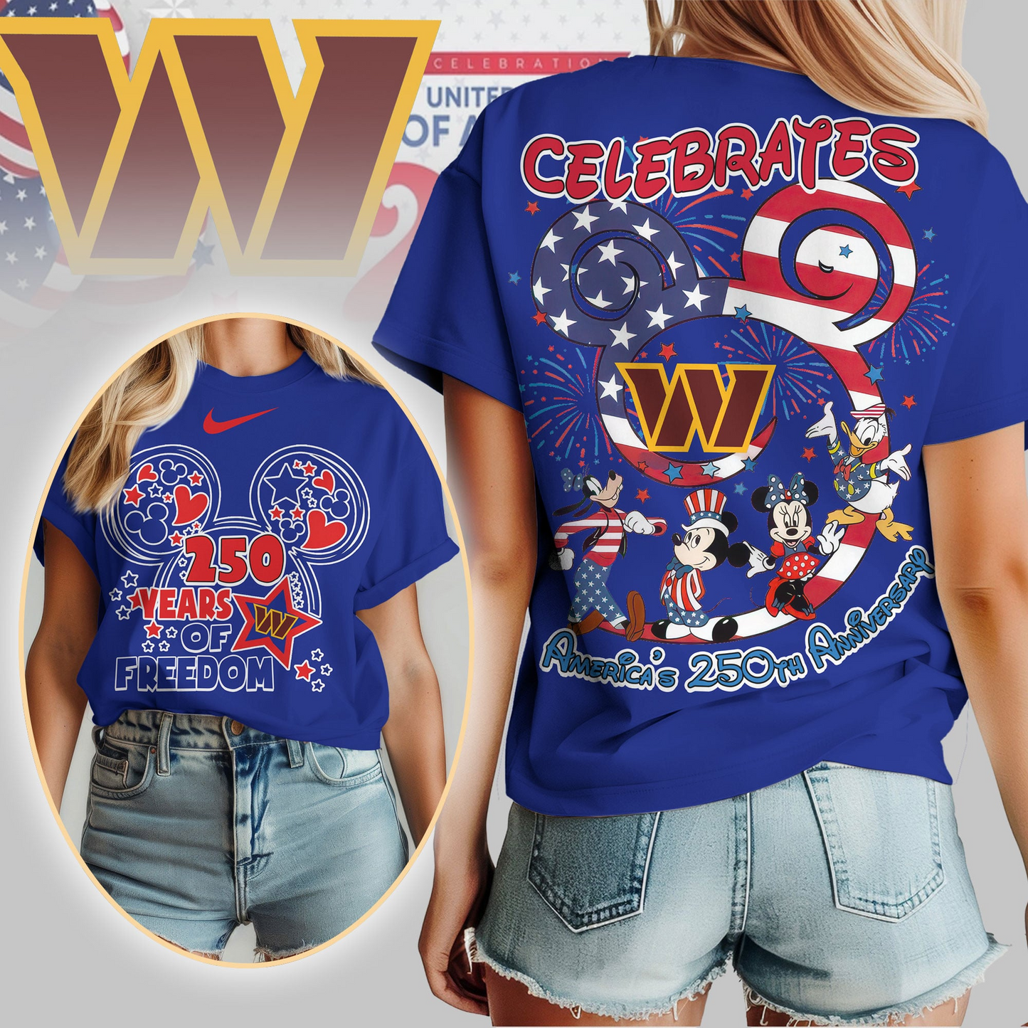 WC Premium NFL Mickey Celebrates America 250th Anniversary Women Shirt DDT NTL