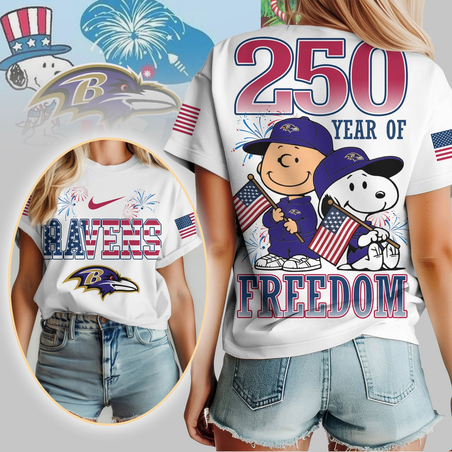 BR Premium NFL Peanuts 250 Years Of Freedom 3D Shirt DDT NTL