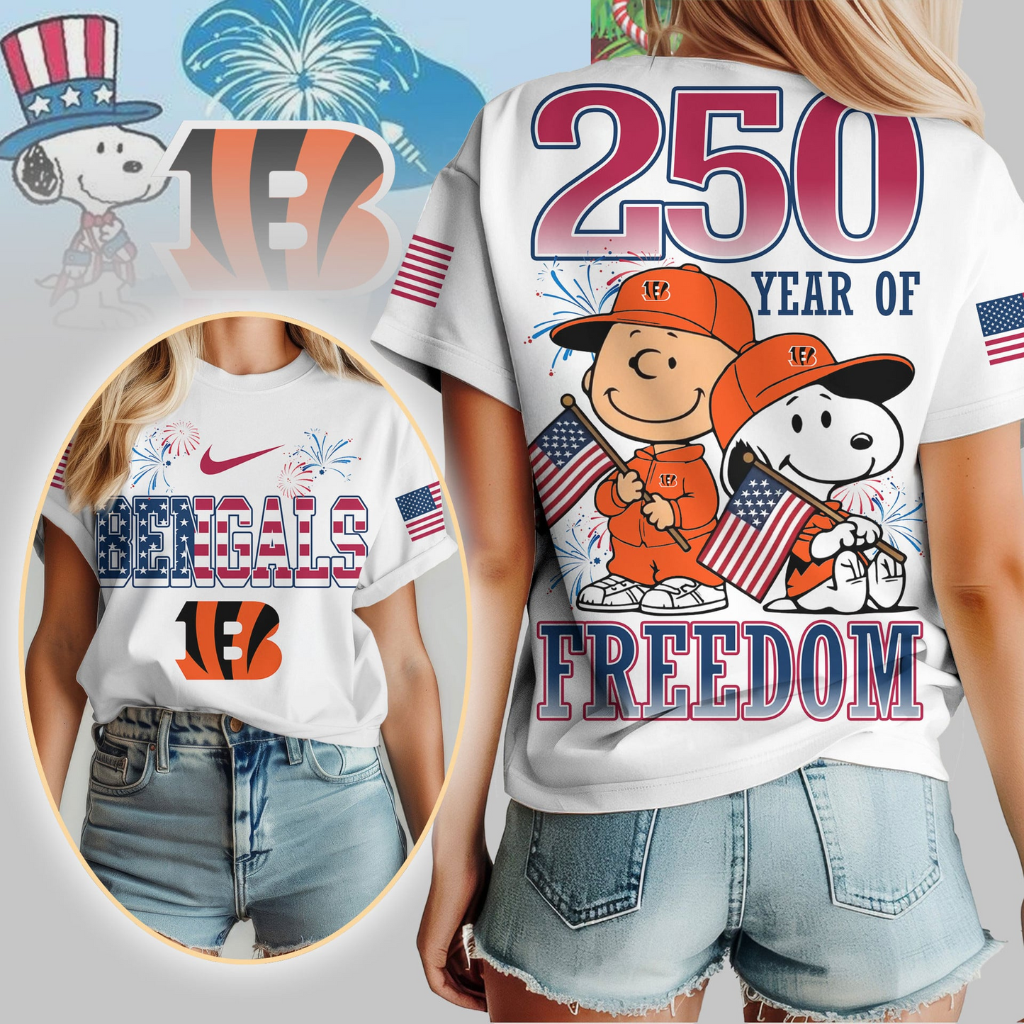 CIN Premium NFL Peanuts 250 Years Of Freedom 3D Shirt DDT NTL